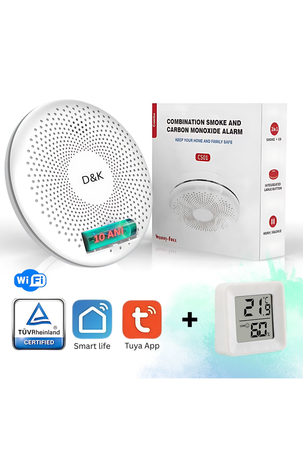 D&K WONDER-Smart 2in1 Smoke & Carbon Monoxide Detector WiFi, Smart Life/Tuya, 85dB Alarm, 10 Year Battery 1