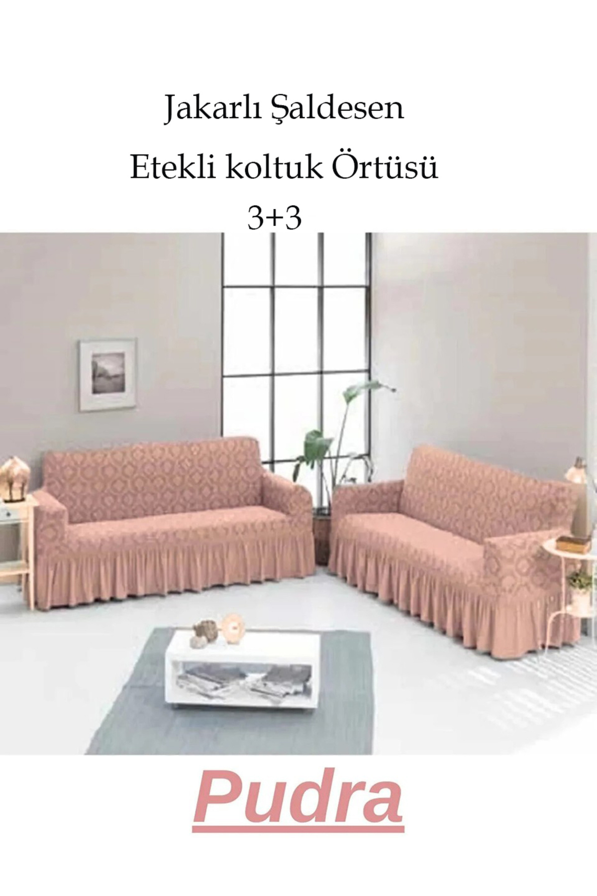 Şal desen Jakarlı Koltuk, Kanepe, çekyat Örtüsü, Likralı, Etekli, koltuk kılıfı 3+3 (iki adet)