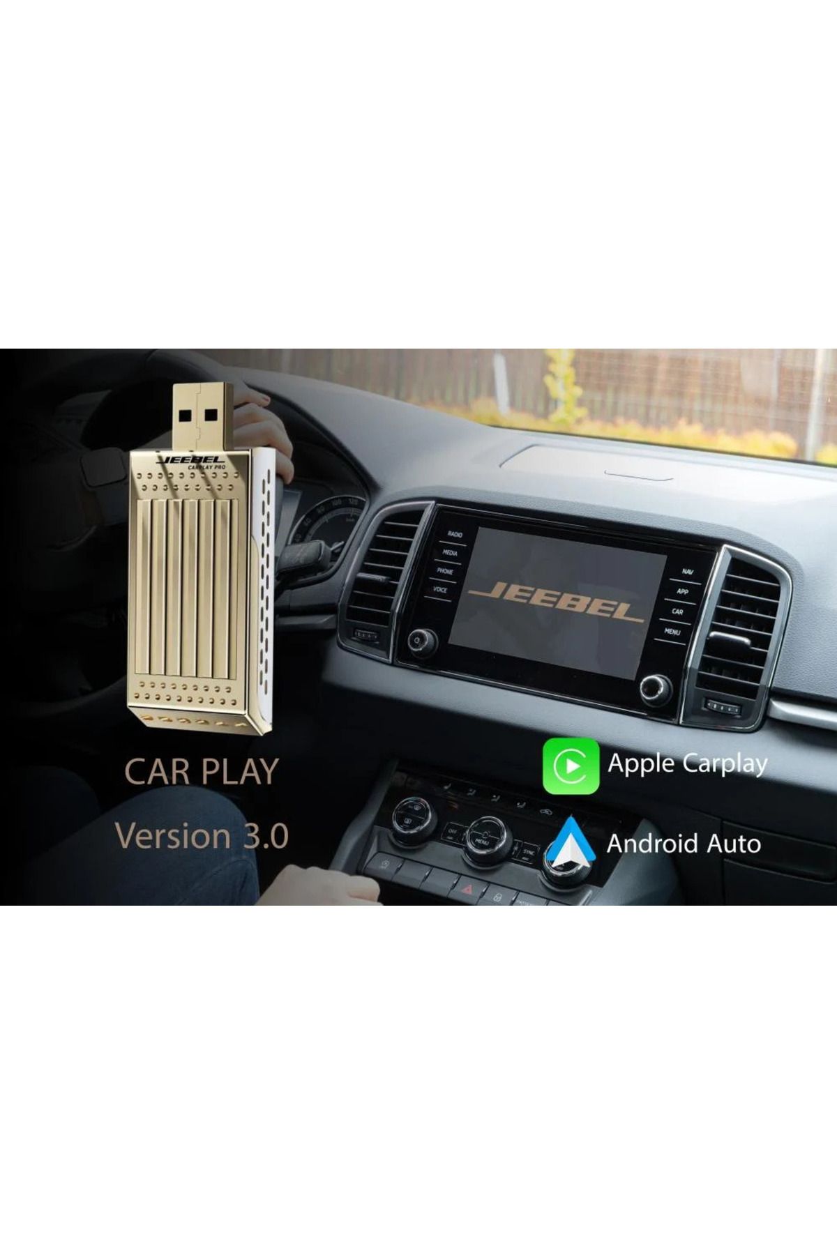 Jeebel-CarPlay Pro Adapter Gold - 64GB Memory, 4GB RAM - Supports Apple CarPlay and Android Auto - Bluetooth 3
