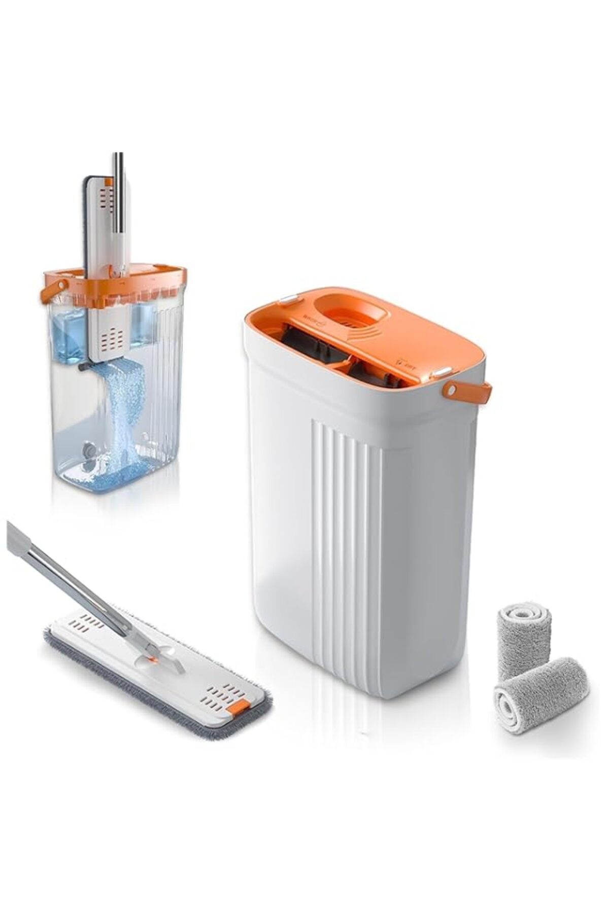 Generic-ANTOLE Flat mop with bucket,Squeeze Mop Bucket for Floor Cleaning with 3 Chamber for Dry and Wet, 3 1