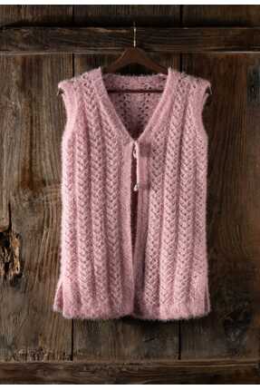 Mako Pepbe Kalp Örgülü Simli V Yaka Bağcıklı Kadın Yelek Regular kalıp Çeyizlik