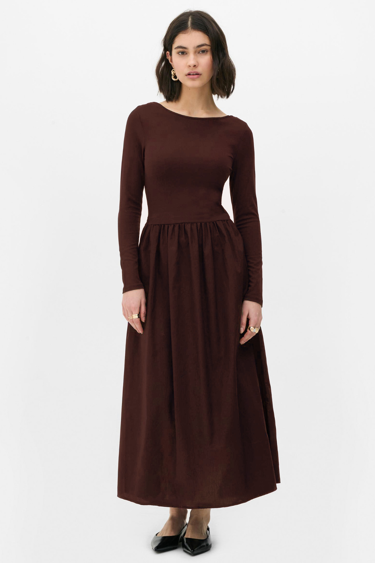 VODENS Pani Kadın Maxi Boy Etek Kısmı Dokuma Poplin Kloş Üst Kısmı Esnek Viskon Kahve Elbise