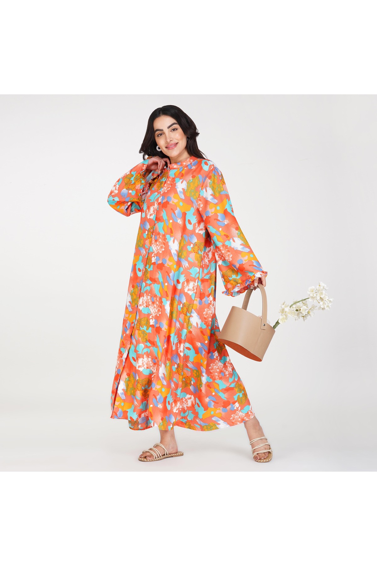 LINELLE Orange Base Maxi Dress with Soft Multicoloured Abstract Prints