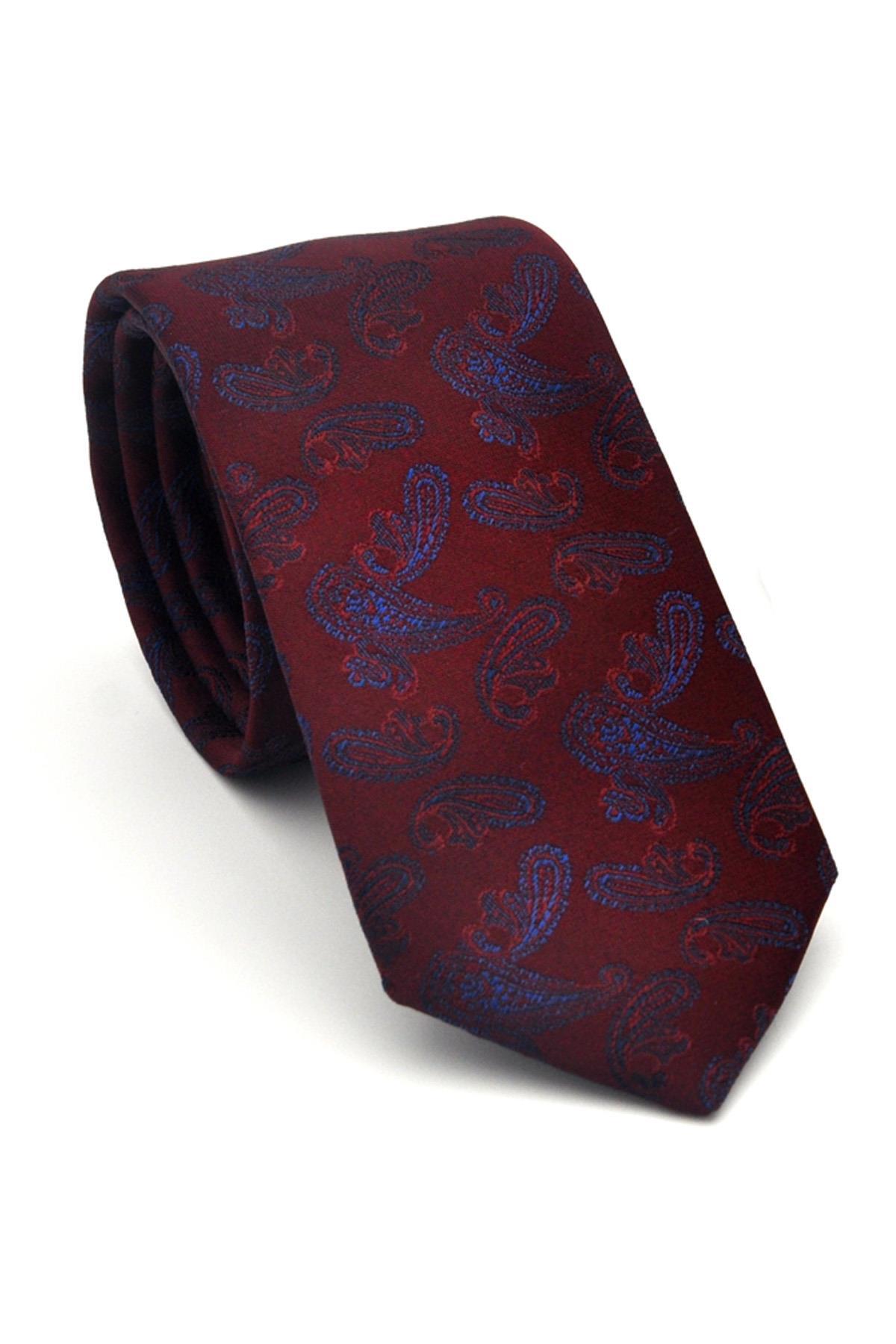 Gaffy Lacivert Şal Desenli Bordo Dokuma Kumaş Mendilli Slim Fit Kravat // SDK-2507-3