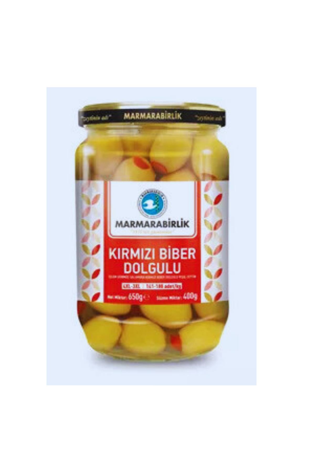 MARMARABİRLİK KIRMIZI BİBER DOLGULU İŞLEM GÖRMÜŞ SALAMURA YEŞİL ZEYTİN 4XL 400G
