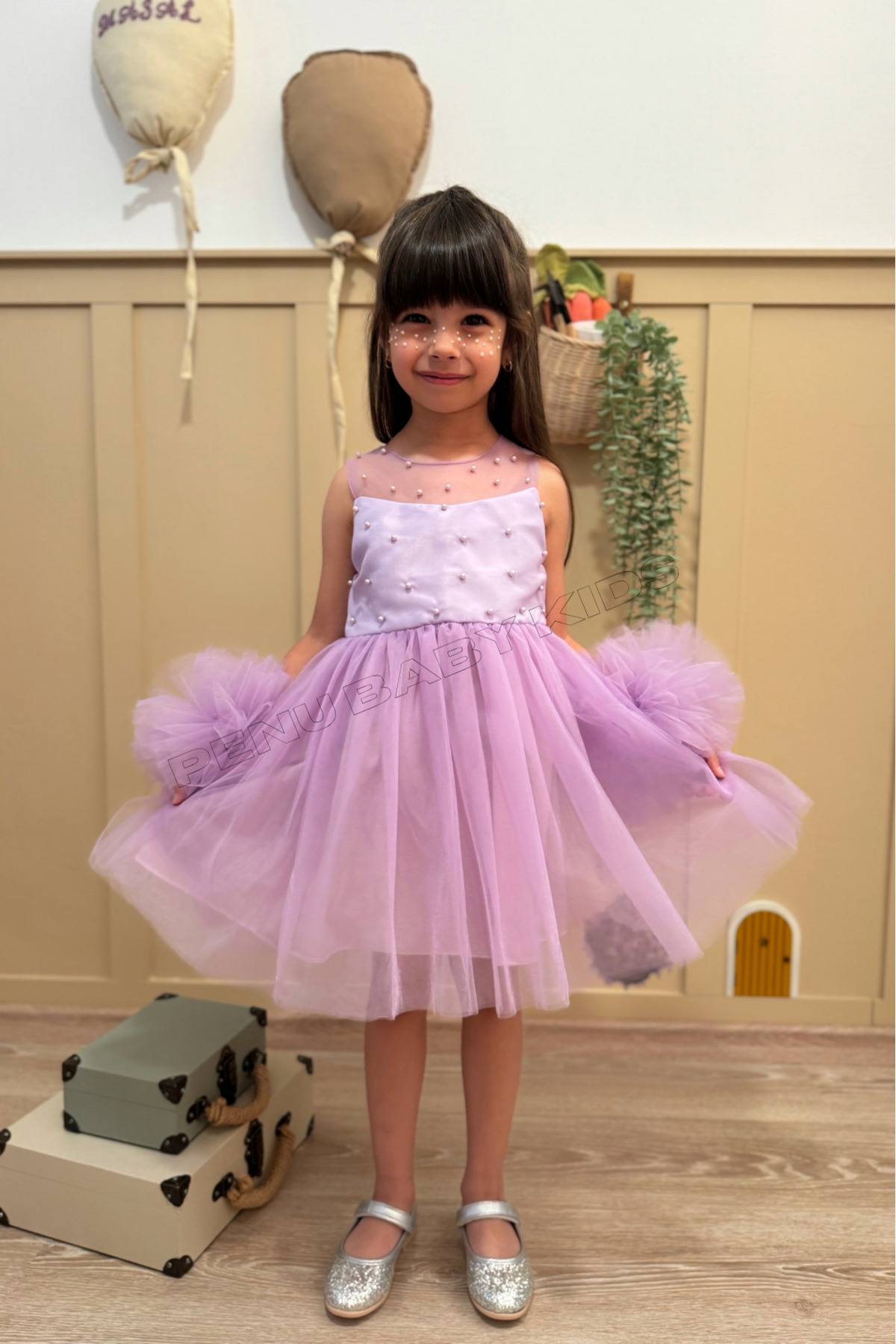 penu baby kids Lila Ponpon Detaylı İnci Süslemeli Pamuk Astarlı Kız Çocuk Kız Bebek Elbise fotoğrafı 7 (önizleme)