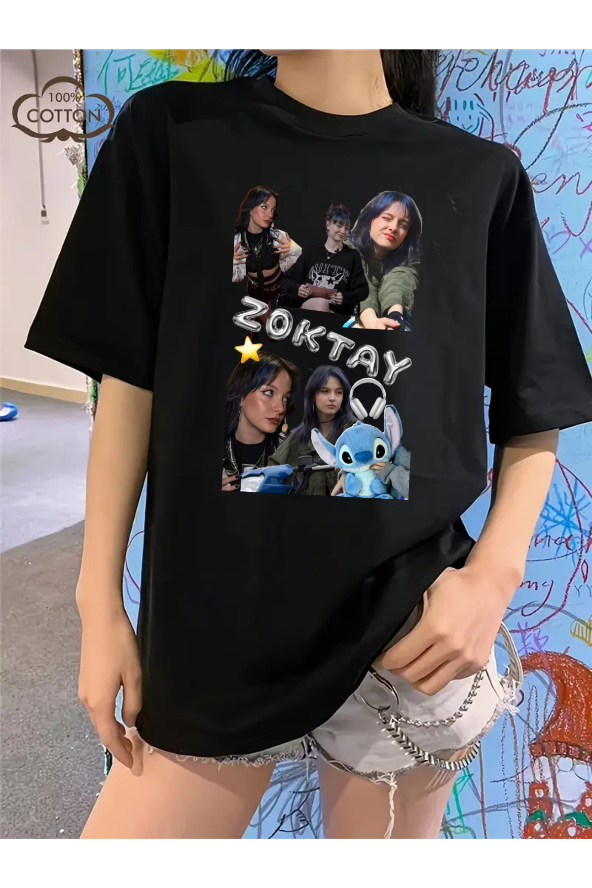 barsdepo  Zoktay Baskılı Tişört, Oversize Unisex Siyah Tişört - Görsel 2