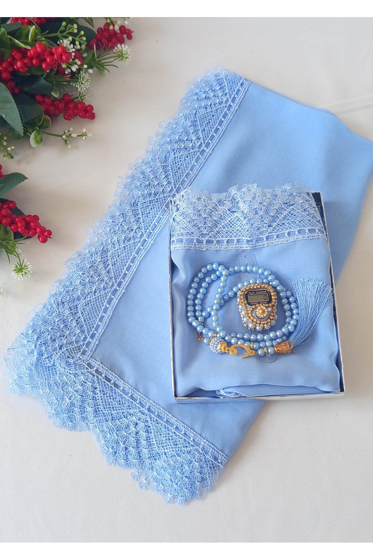 hira tasarım iğne oyalı güpürlü namaz örtüsü taşlı zikirmatik