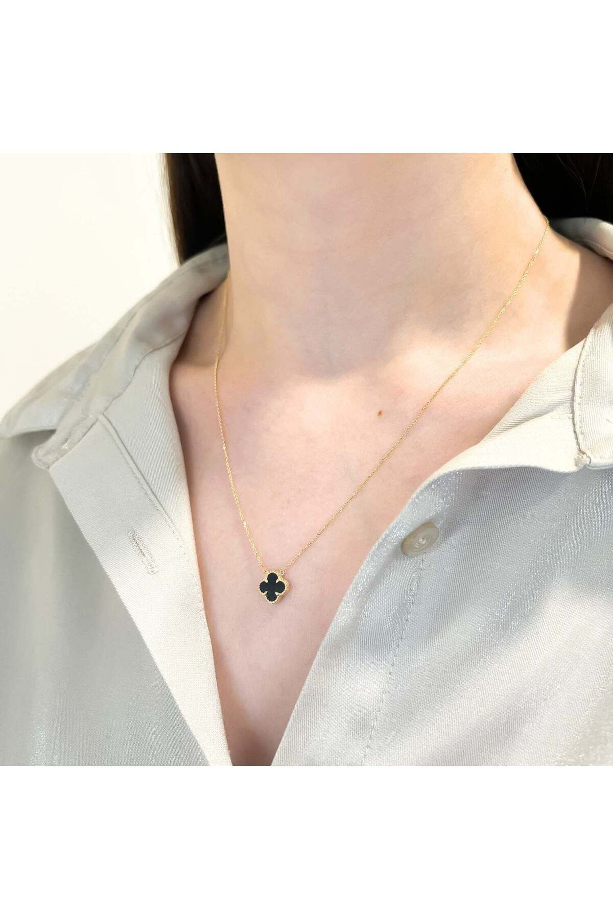 Bijuteria SORELLY-Lant Aur 14k Floare Onix 8mm Alb 7