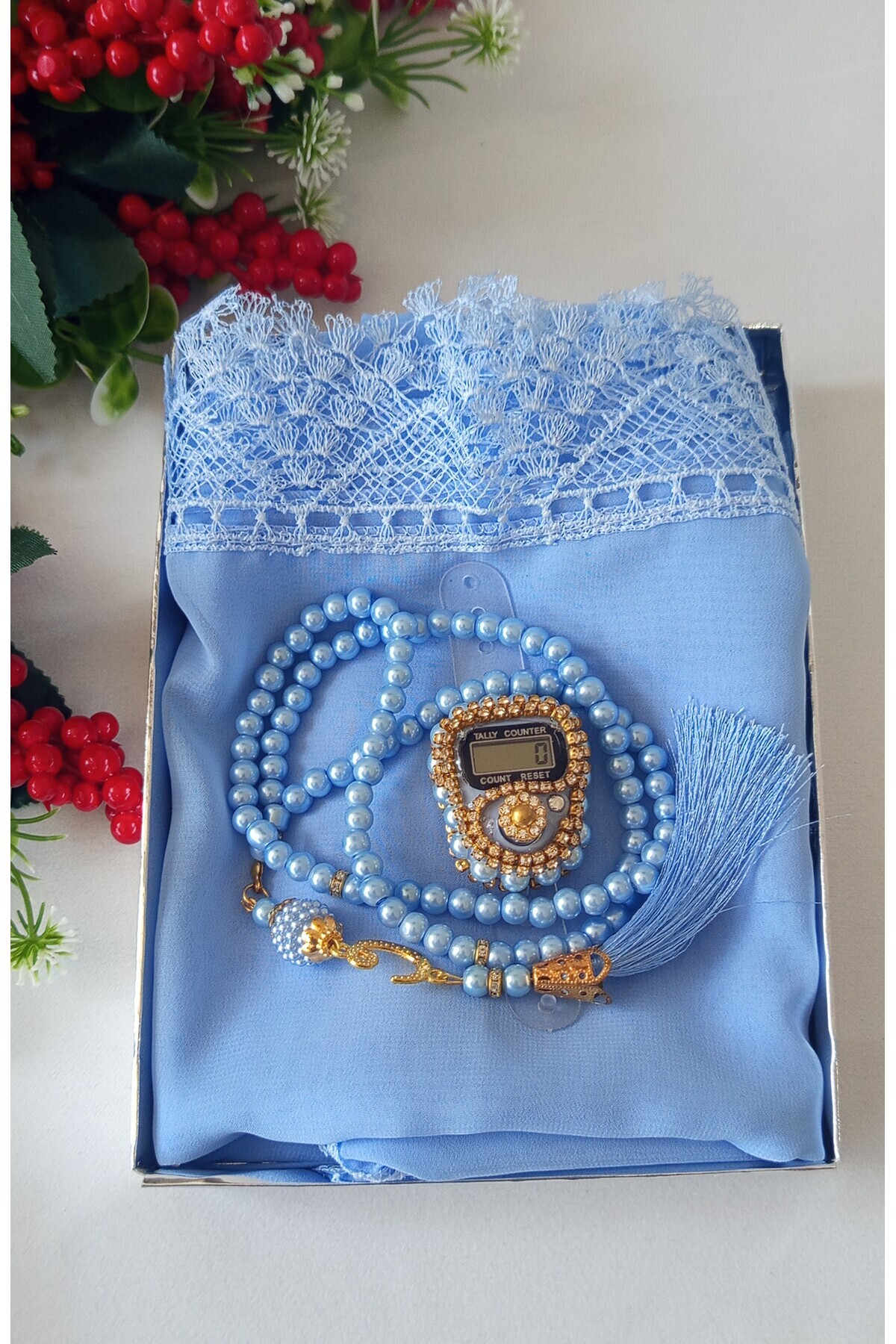 hira tasarım iğne oyalı güpürlü namaz örtüsü taşlı zikirmatik