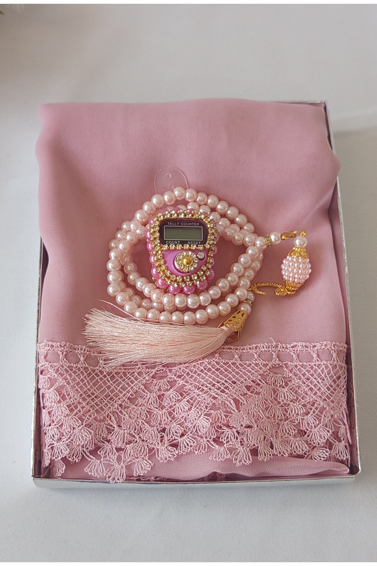 hira tasarım iğne oyalı güpürlü namaz örtüsü taşlı zikirmatik