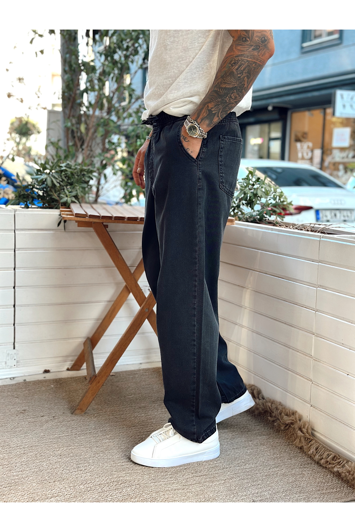 manch collection Beli İpli Baggy Kot Pantolon Siyah görsel 3