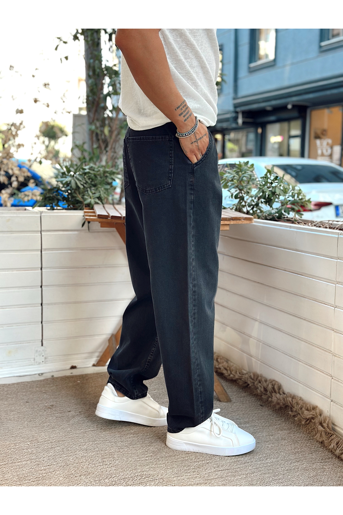 manch collection Beli İpli Baggy Kot Pantolon Siyah görsel 2