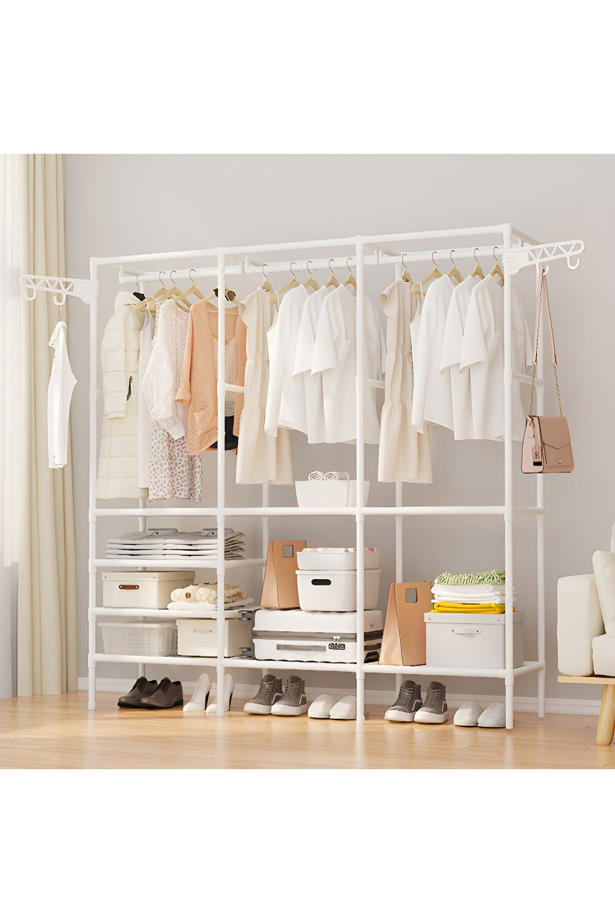 Cozy Nest-3 Section Metal Cloth Rack with Shelves Multifunctional Garment Wardrobe with 360° Rotatable Hooks 1