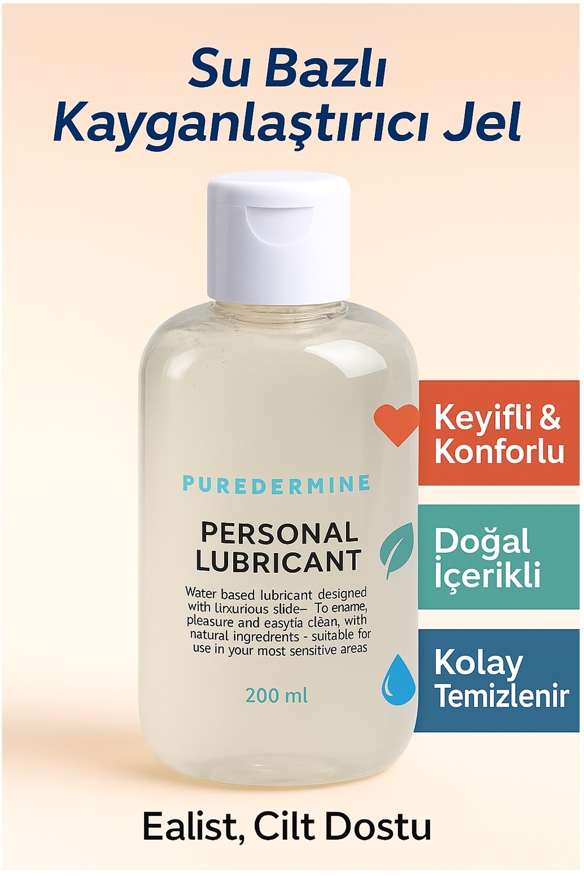 Puredermine Su Bazlı Kayganlaştırıcı Jel 200 ml – Doğal, Cilt Dostu, Kolay Temizlenir