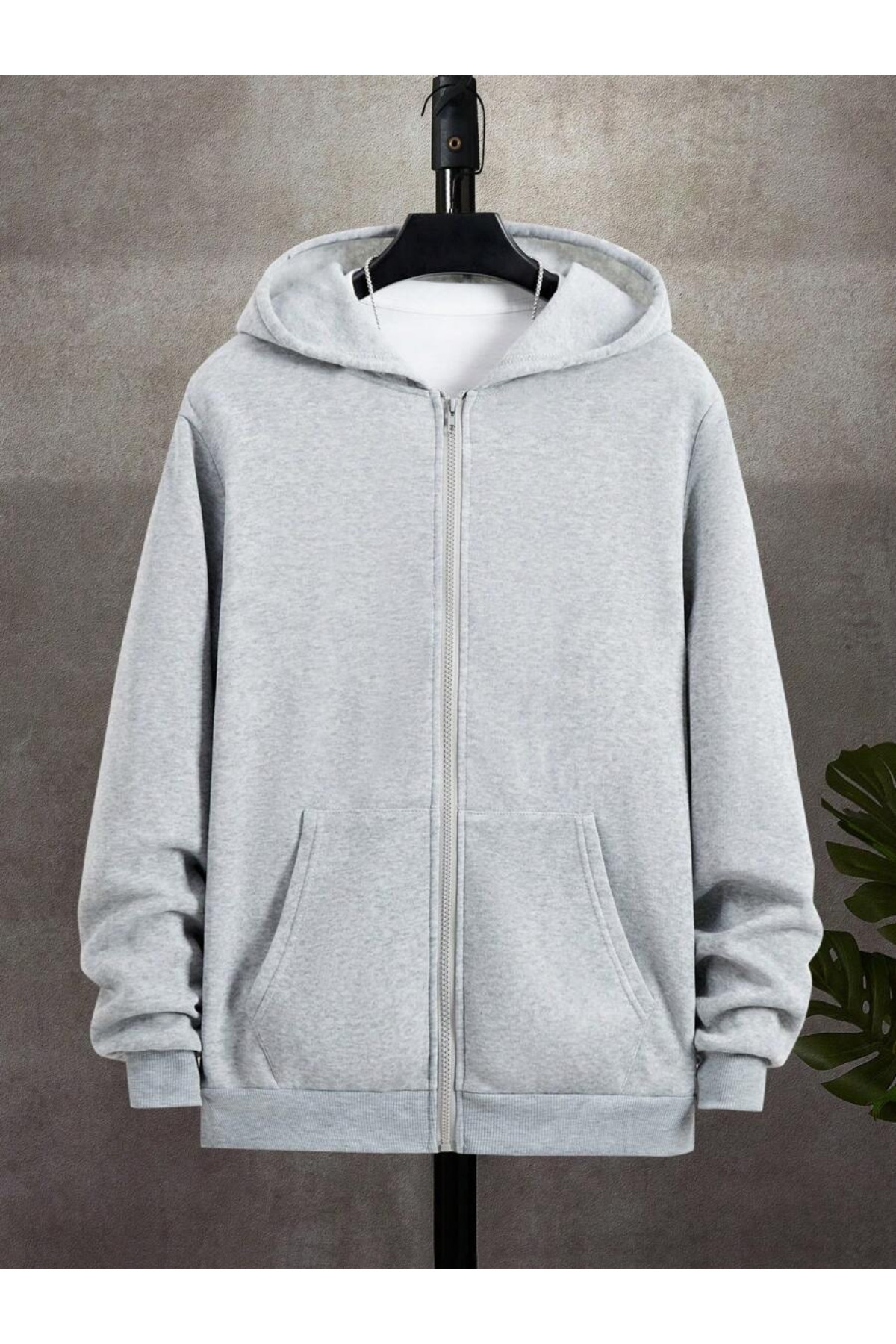 Deep sense  Erkek Gri Kapüşonlu Fermuarlı Sweatshirt Kışlık Okul Hırkası Şardonlu Baskısız - Görsel 3