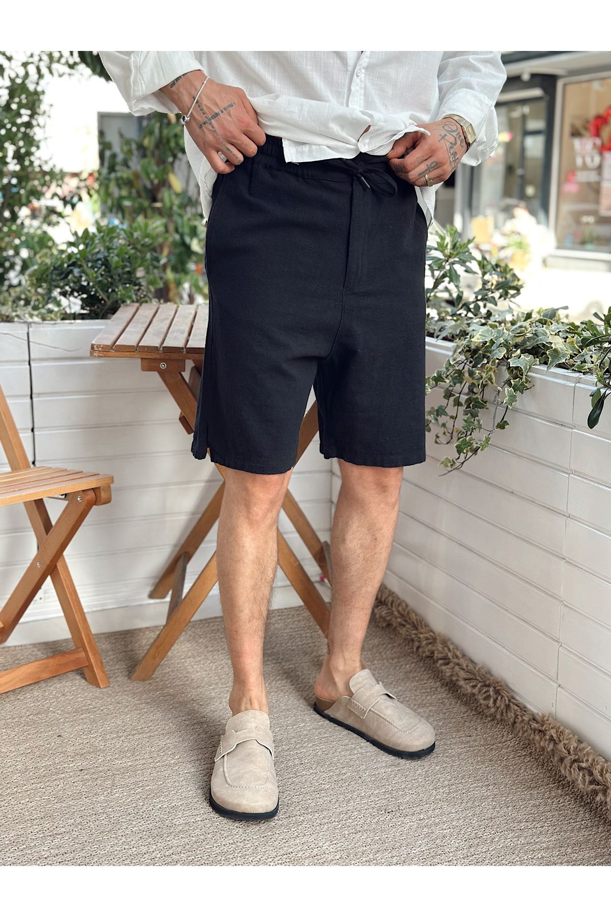manch collection-Basic Linen Shorts with Drawstring Waist Black 5