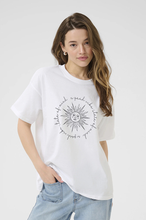 KASHKHA Kadın Beyaz Oversize Tişört – %100 Pamuk – Güneş Sun Baskılı Rahat Kalıp