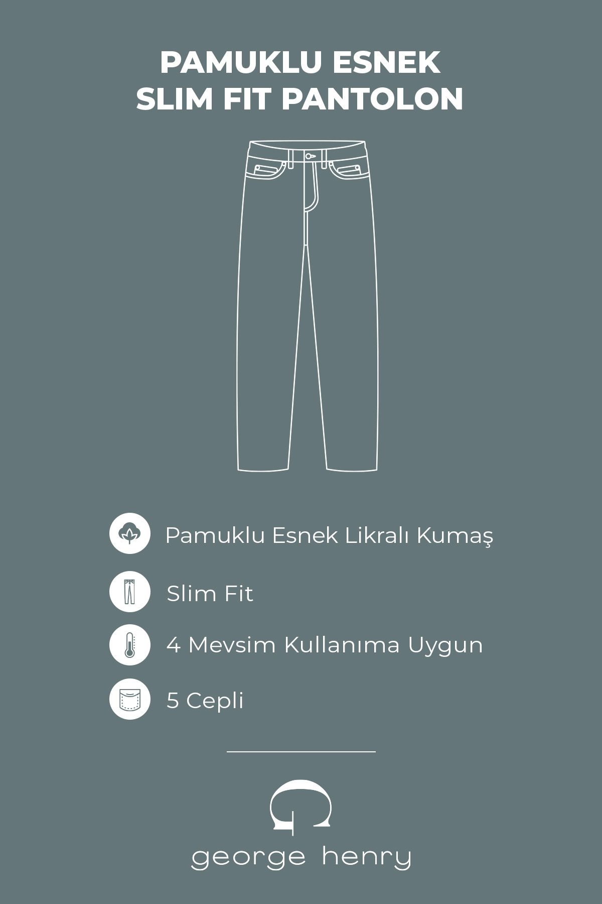 George Henry  Slim Fit Dar Kesim 5 Cepli Lacivert Chino Pantolon - Görsel 3