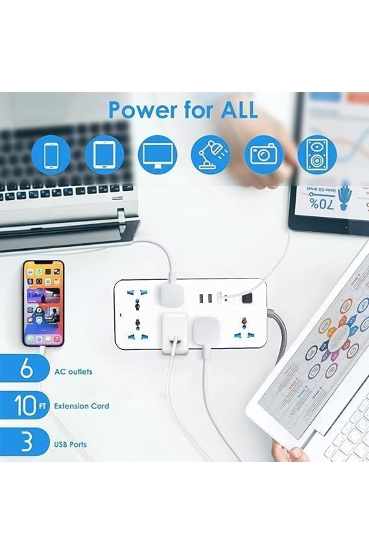 Generic-سلك تمديد الطاقة Smart-Center 6 منافذ، محول قابس الطاقة العالمي مع 6 مقابس 3