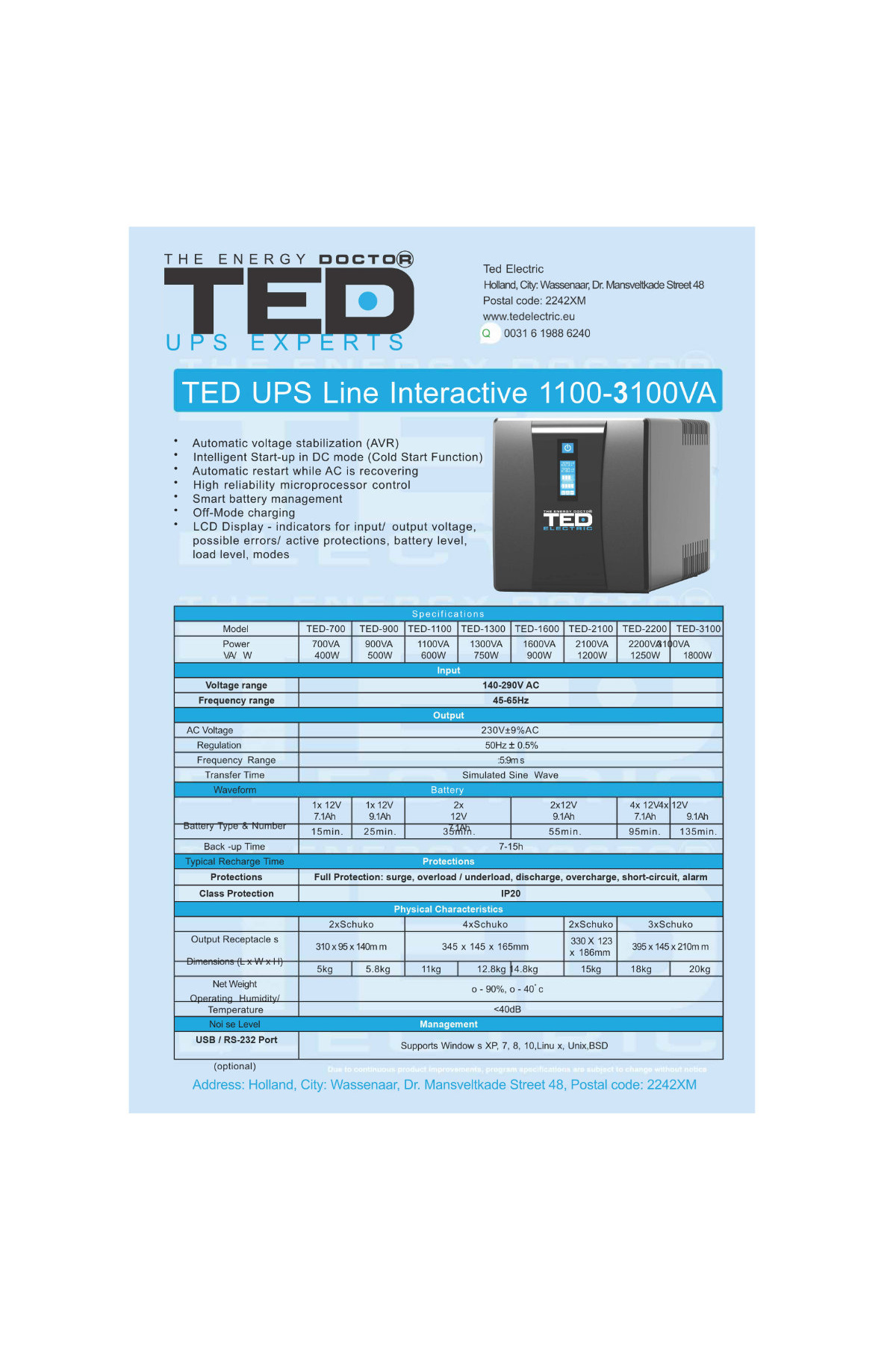 TED Electric-UPS Line Interactive 2200VA 1250W LCD, 3 Outputs, Management AVR for Servers & Security, TED004666 7