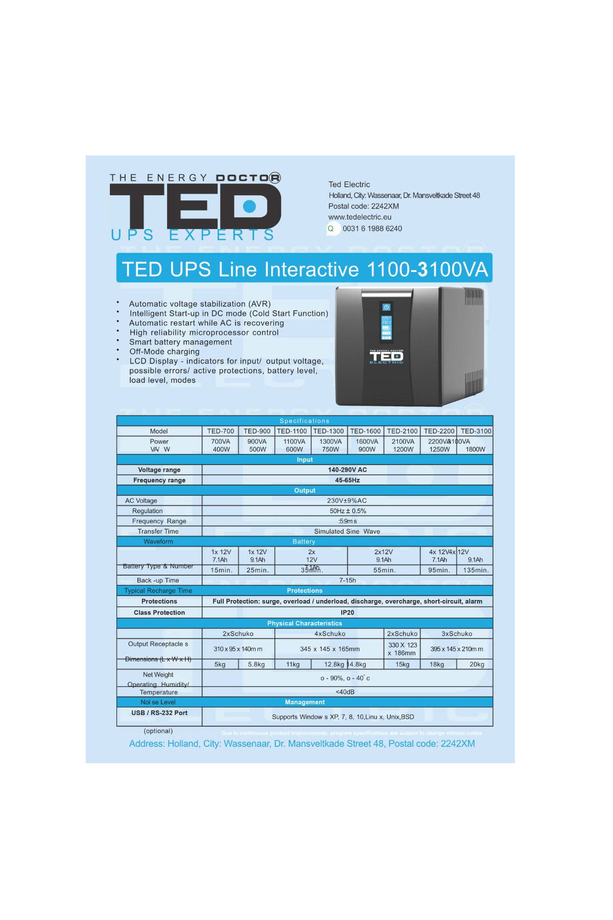 TED Electric-UPS Line Interactive 2100VA 1200W with AVR, LCD, 2 Schuko Outputs, USB Management - TED004659 7