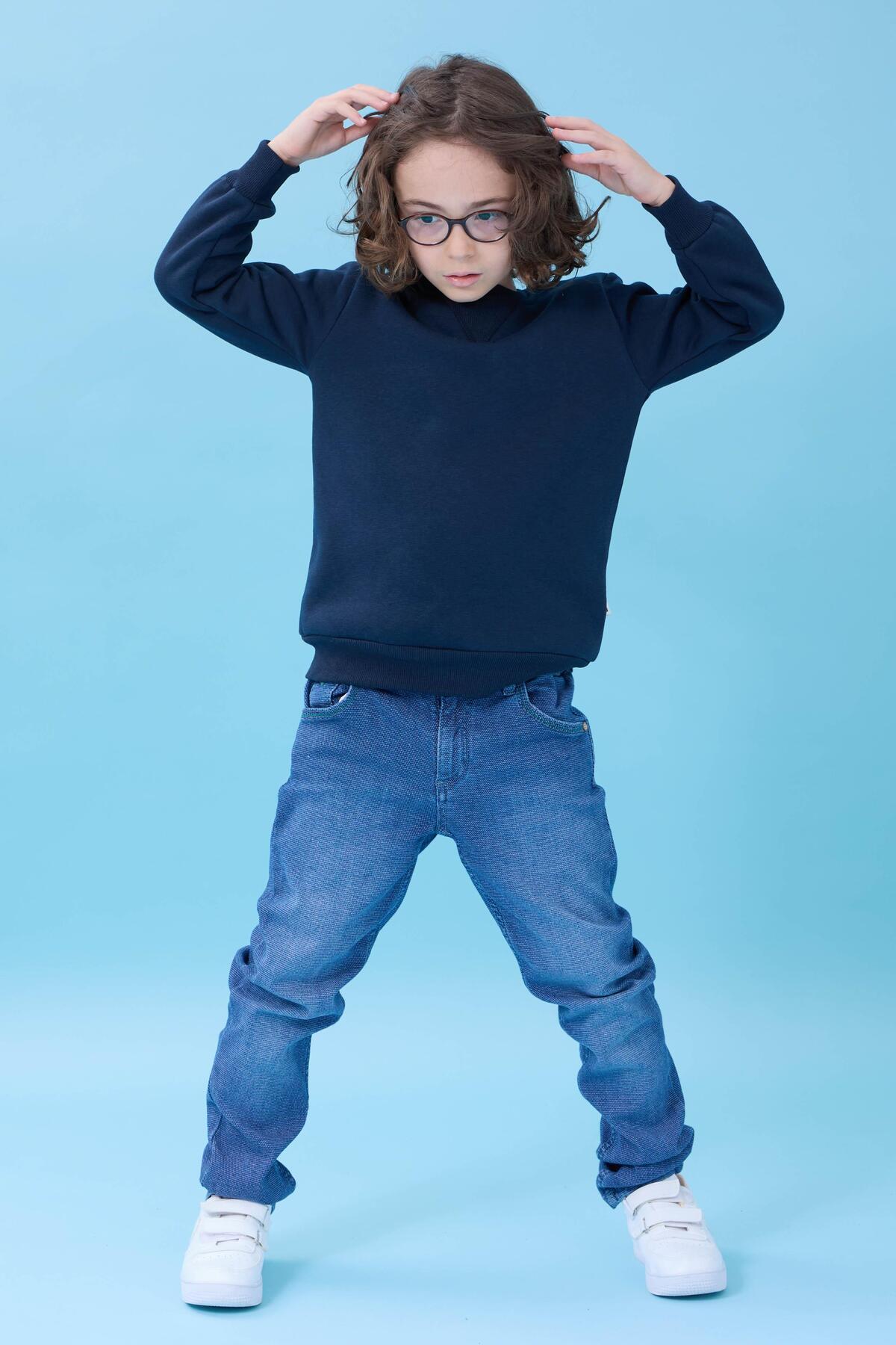 Perendi Unisex Basic Bisiklet Yaka Şardonlu Kışlık Sweatshirt - Lacivert fotoğrafı 6 (önizleme)