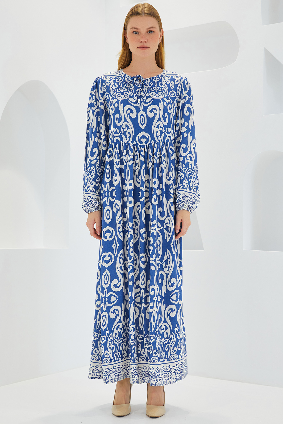 Merterium Women's Patterned Long Dress Indigo 1147