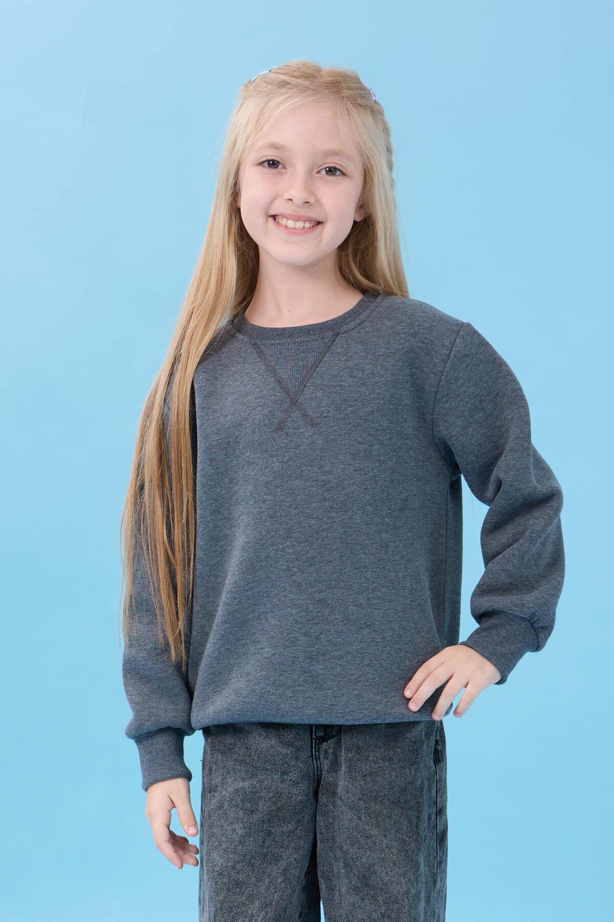 Perendi Unisex Basic Bisiklet Yaka Şardonlu Kışlık Sweatshirt - Antrasit fotoğrafı 4 (önizleme)