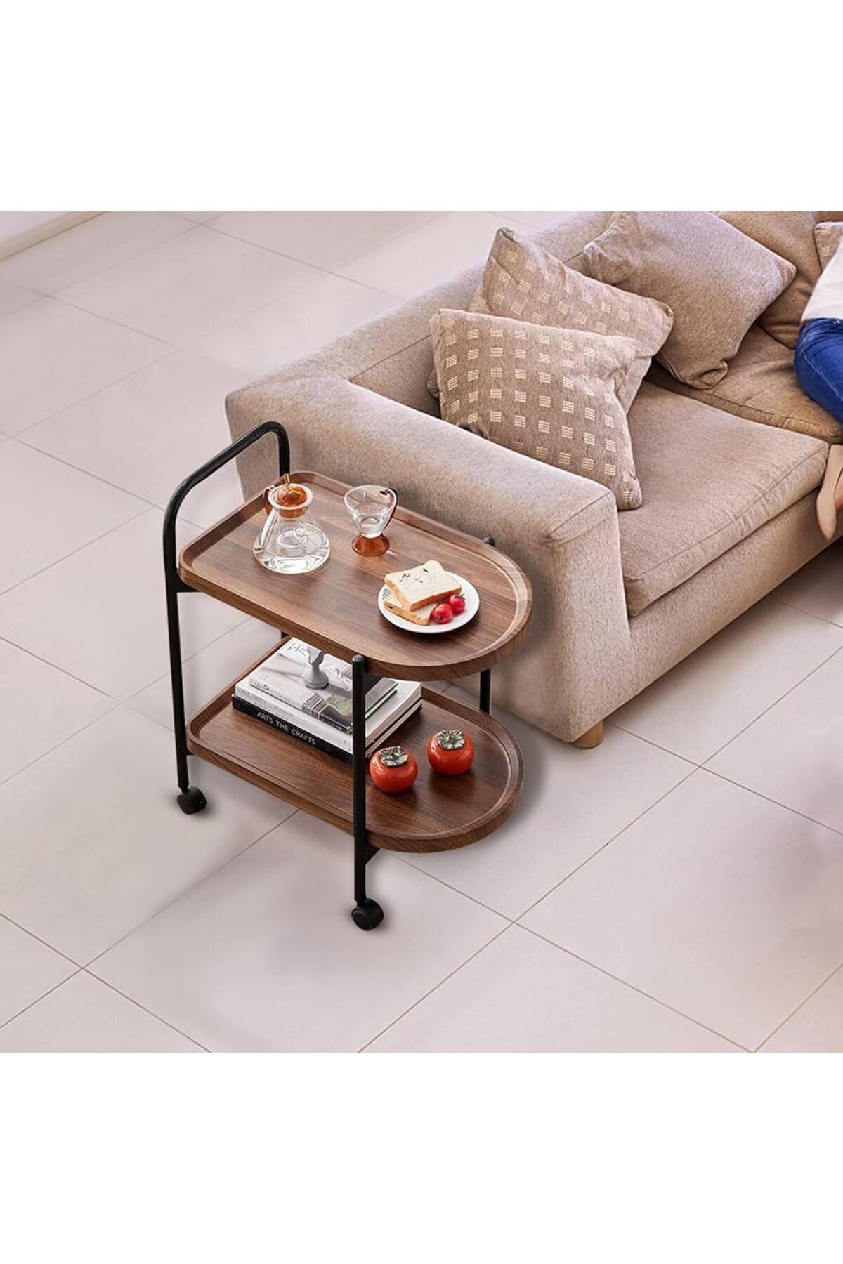 عربة تقديم خشب بني بعجلات دورين تصميم عصري أنيق لل...