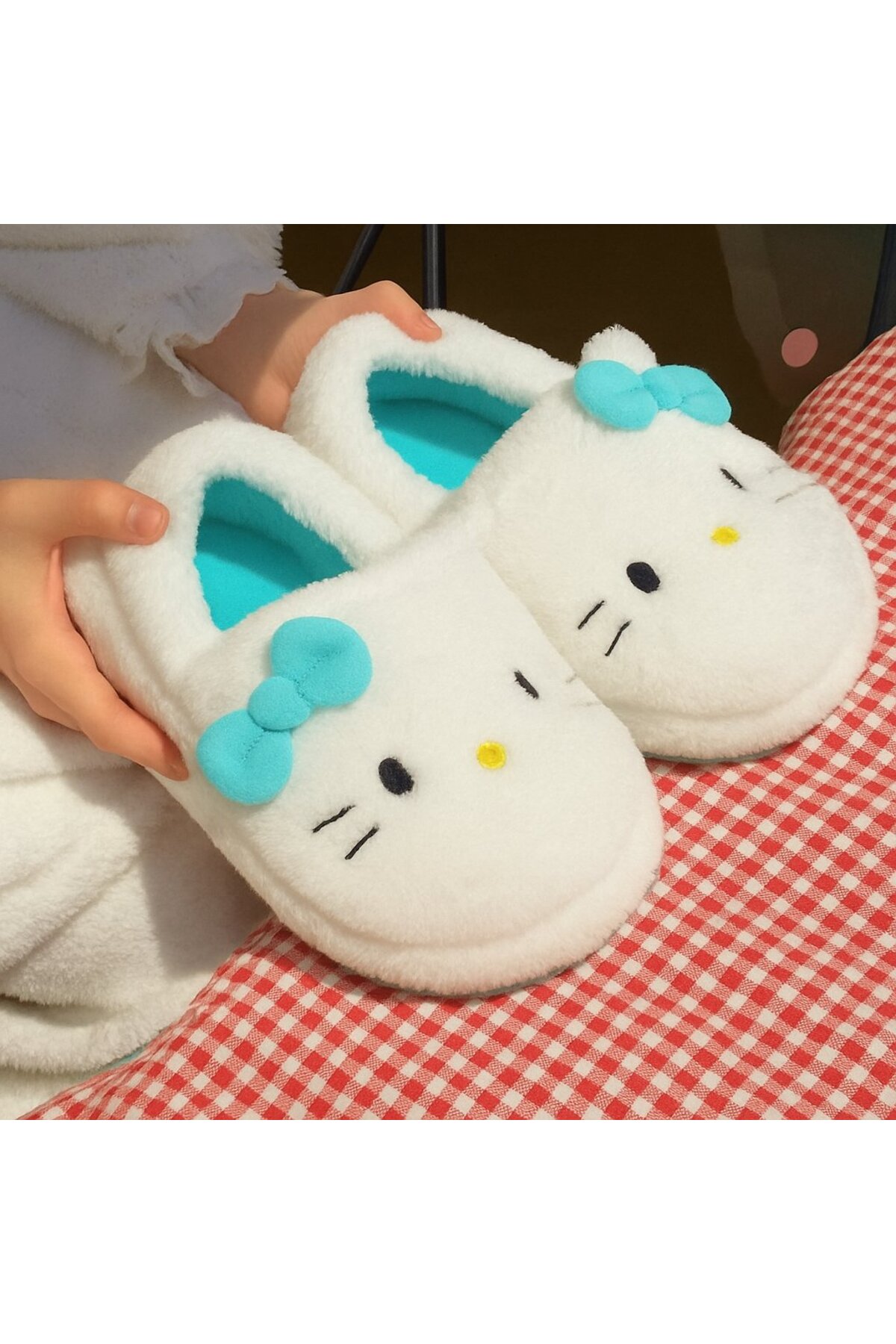 Gofeel Turkuaz Kitty Nasomi Tatlı Peluş Panduf Terlik görsel 2