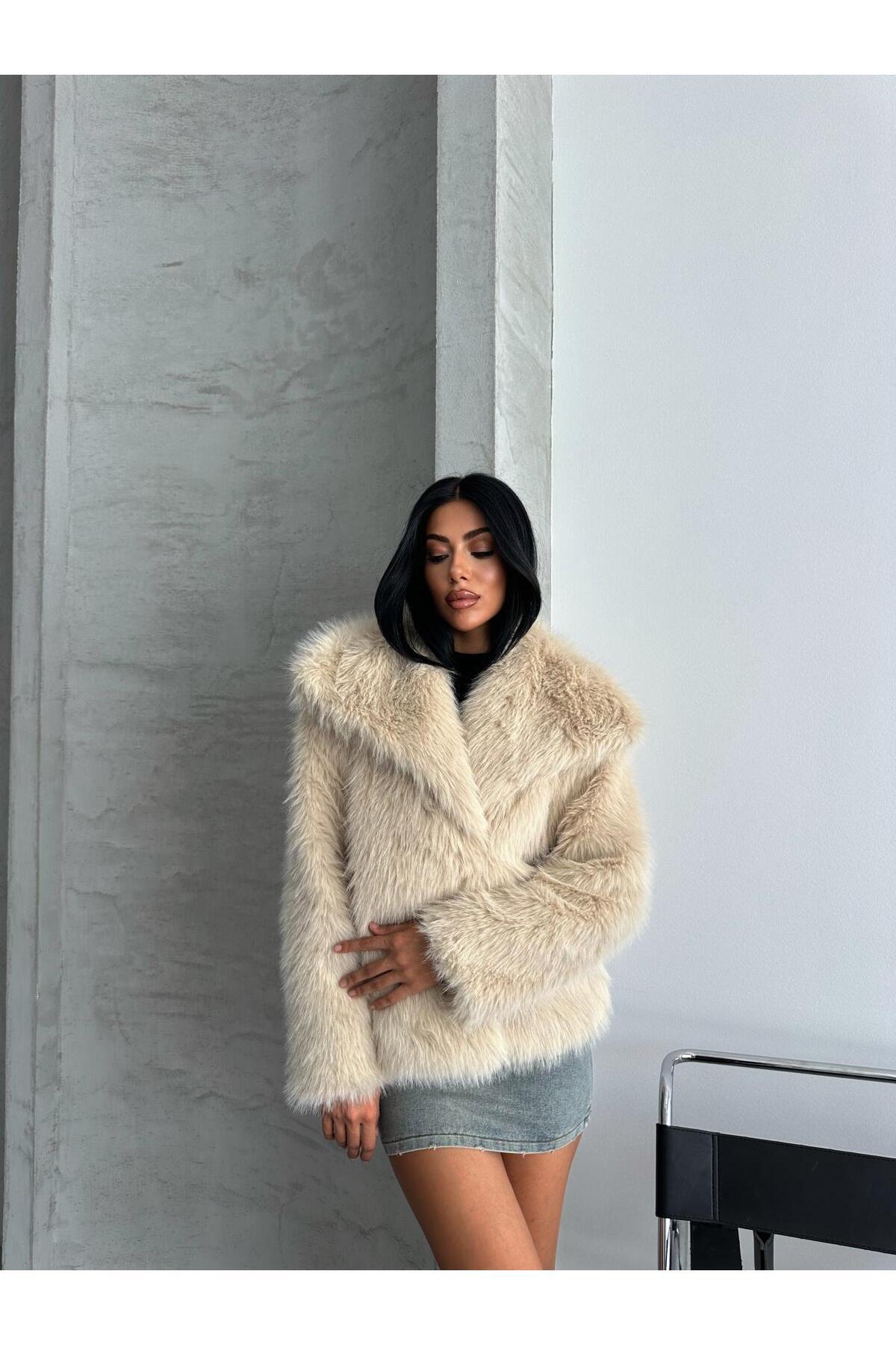 NET OF NOT-Amaya Beige Shawl Collar Women's Coat Comfortable Fit Inner Lined Premium Quality Zr Coat 5