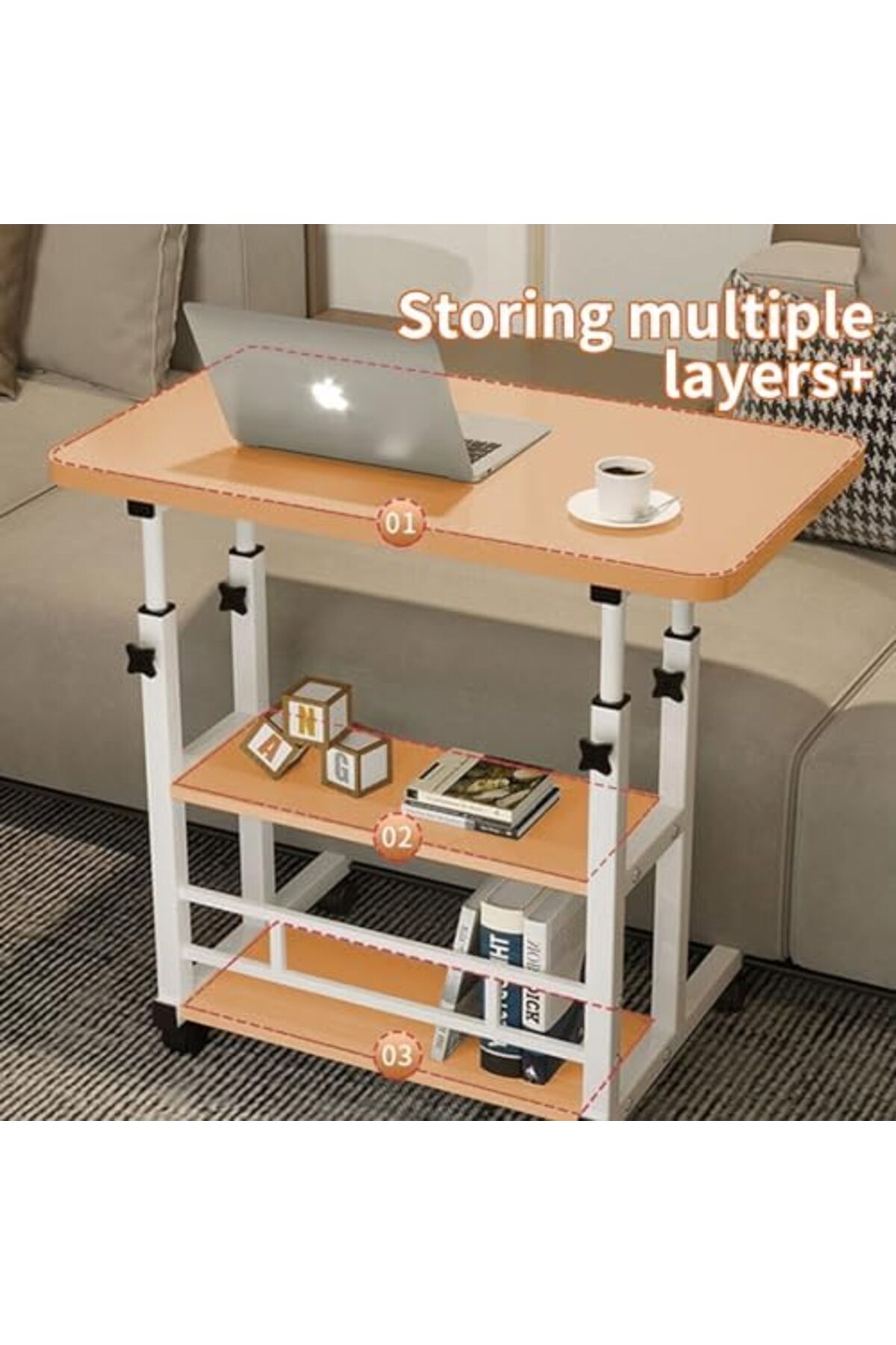 Türkiye-Adjustable Height Mobile Computer Desk for Small Space Rolling Writing with wheels and Storage Shelv 6