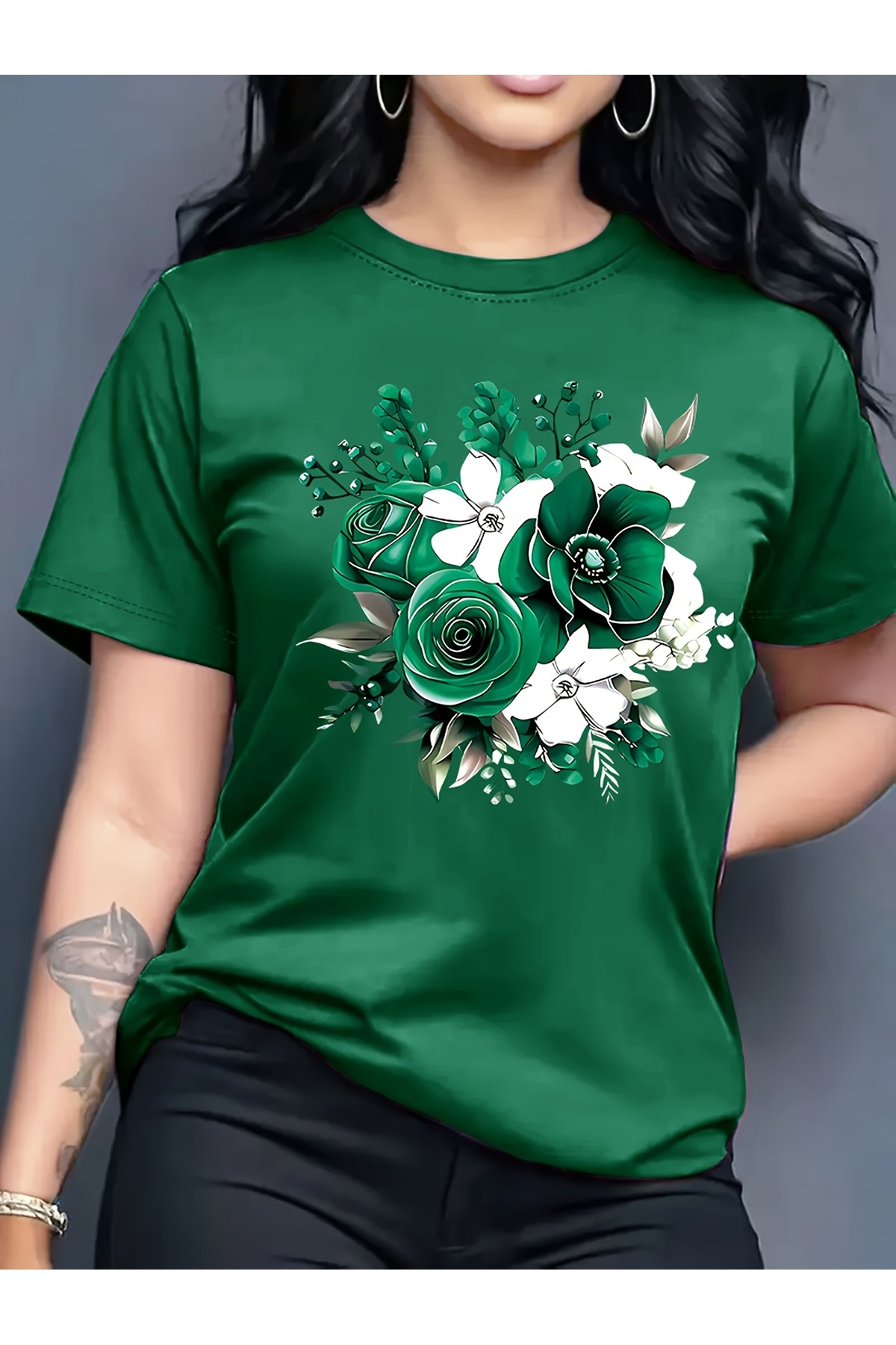 Emerald Green Floral Pattern T-Shirt for Women
