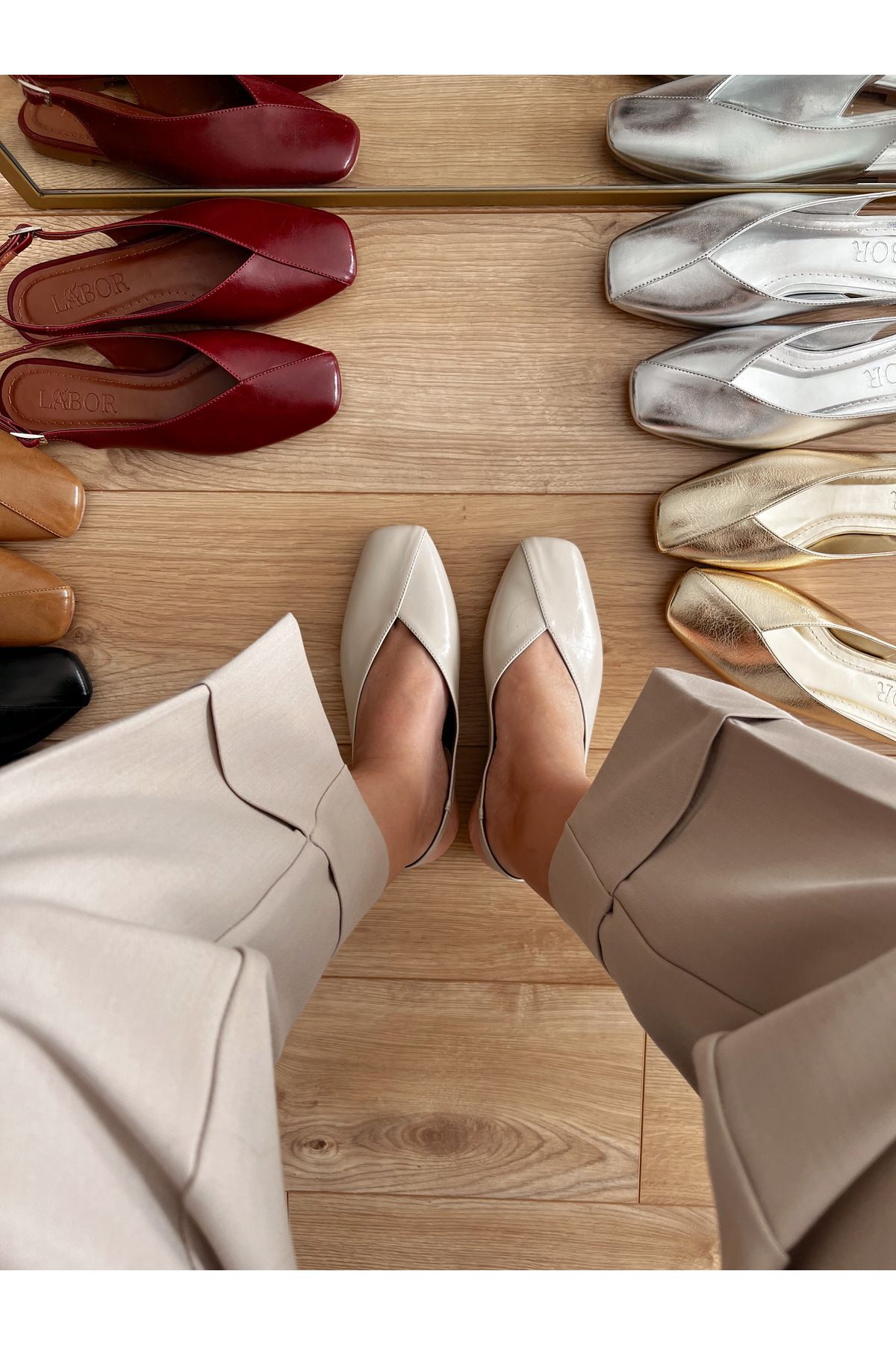 labor Selection-Blunt Toe Stitching Detail Open Back Ballerinas 2