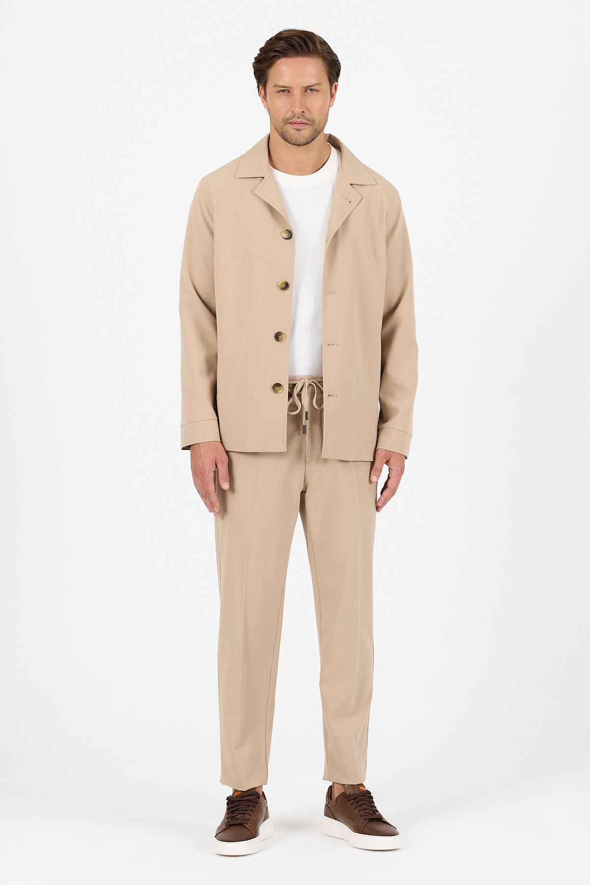 Frappoli-Lucos Men's Beige Lycra Stretch Fabric 2-Piece Overshirt Jacket + Jogger Elastic Pants 4