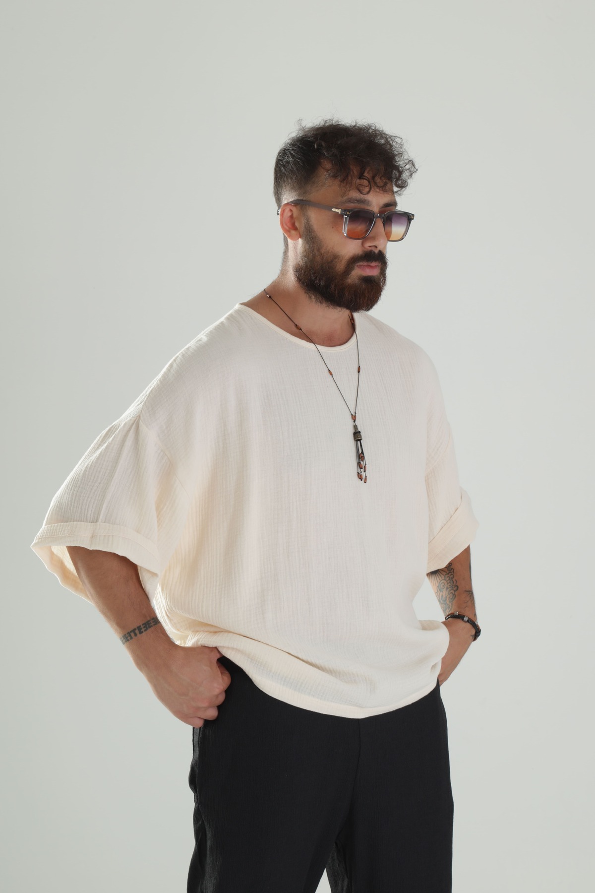 COCOPELLI  Erkek Bej Müslin Kumaş Oversize T-Shirt COC1298 - Görsel 4