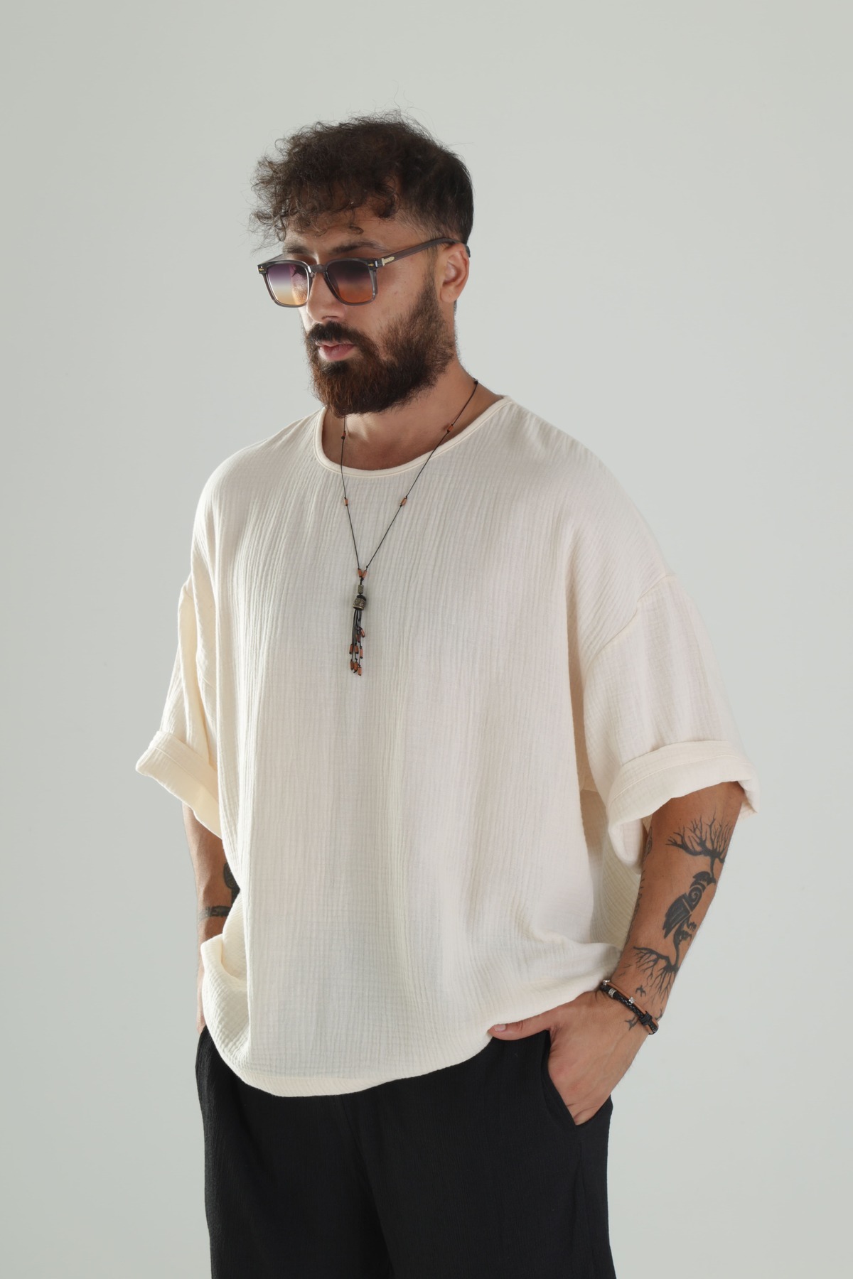 COCOPELLI  Erkek Bej Müslin Kumaş Oversize T-Shirt COC1298 - Görsel 3