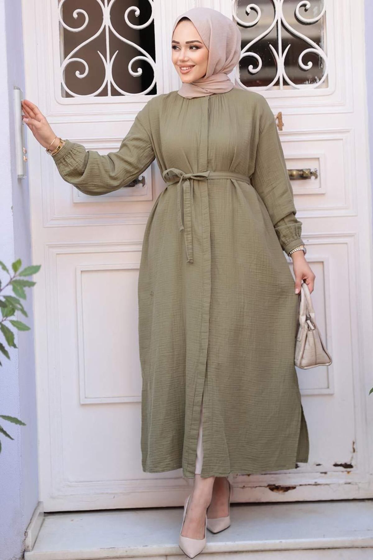 N.S NEVA STYLE-Buttoned Light Khaki Hijab Tunic 19045Ahk 1