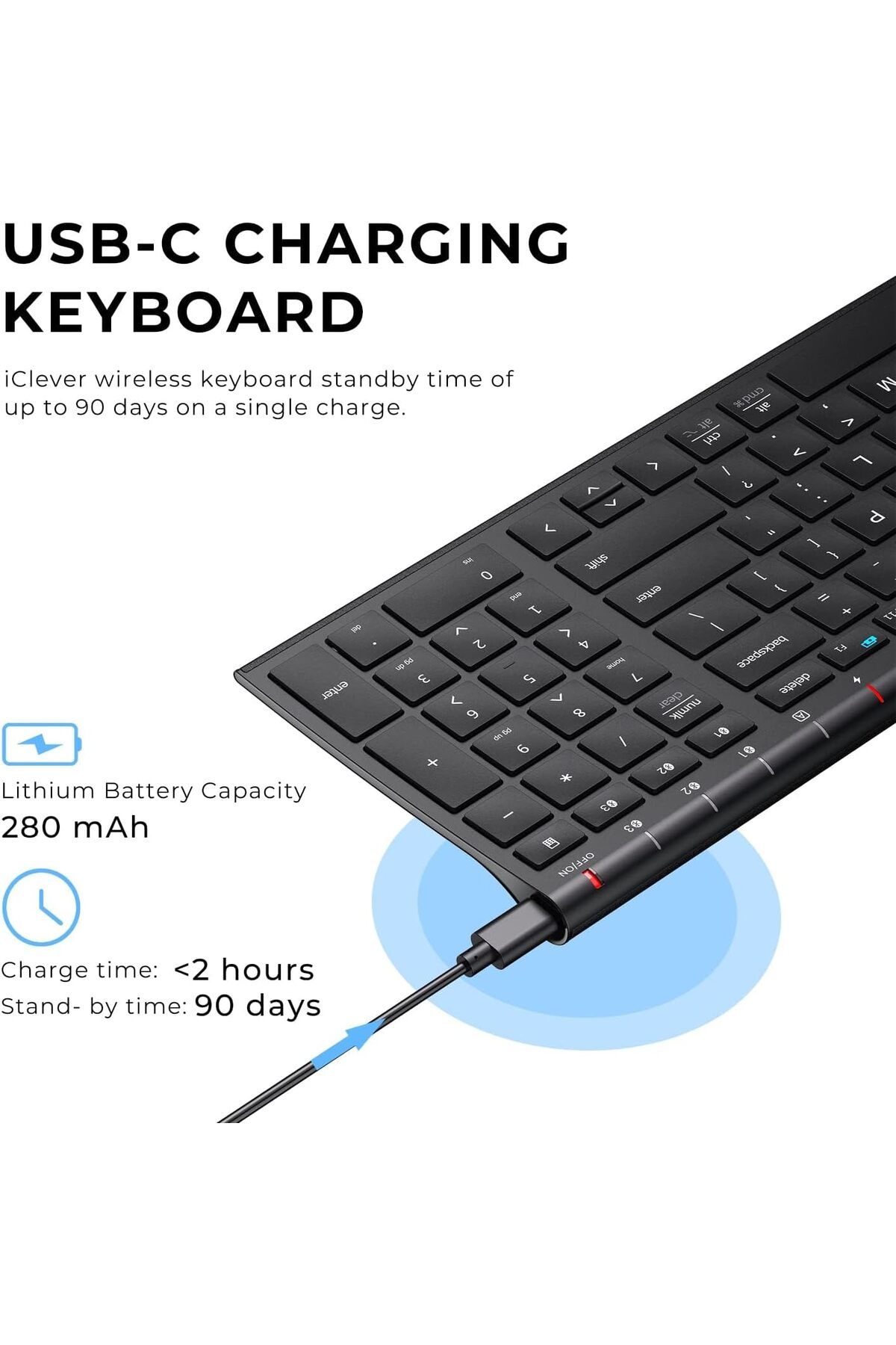 iClever-BK10 Bluetooth Keyboard - Universal Wireless & Rechargeable Ultra-Slim with Number Pad, Ergo 7