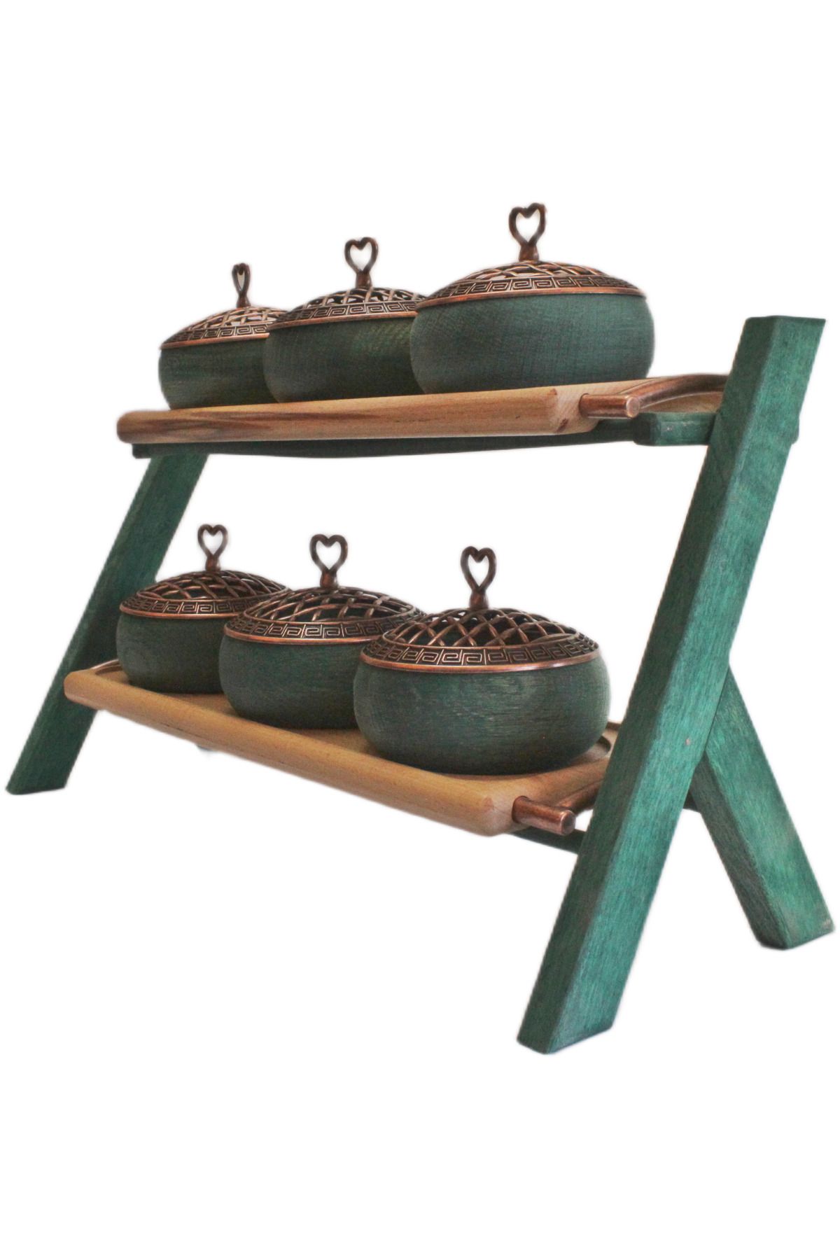tios home-Wooden Bowl Presentation Set with Copper Lid Serving Tray with 6 Bowls and Handles Real Beech Wood Stand 2