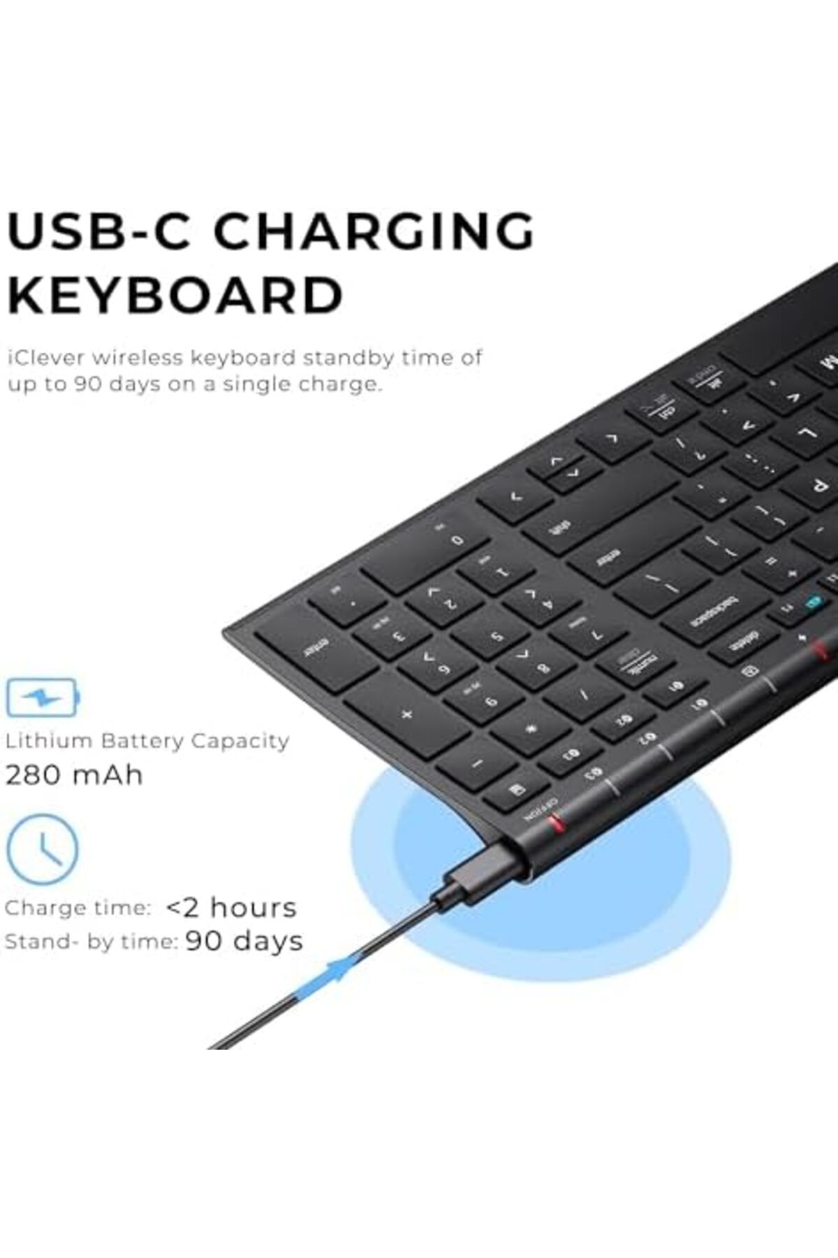 iClever-BK10 Bluetooth Keyboard - Universal Wireless & Rechargeable Ultra-Slim with Number Pad, Ergo 8