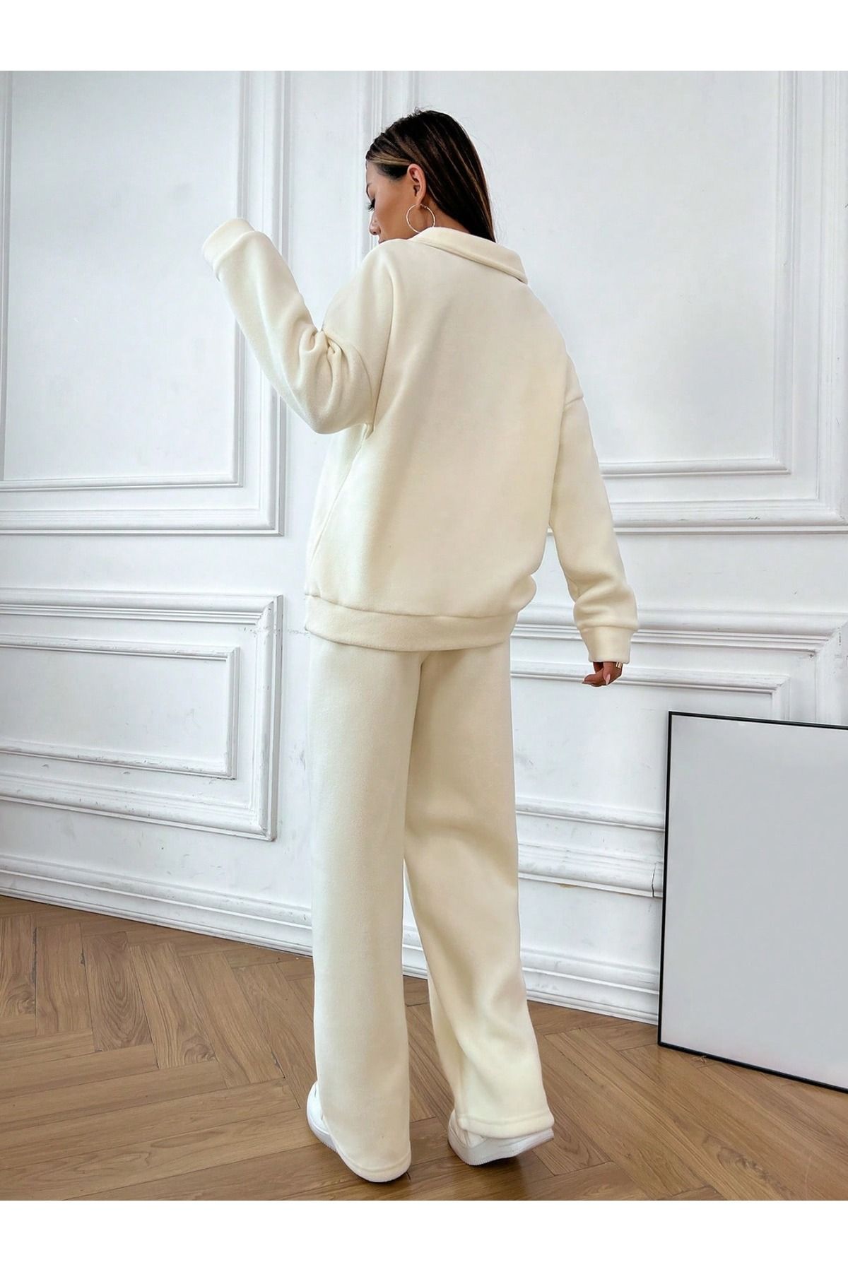 only moon-Ecru Thick Soft Textured Stand Collar Oversize Fleece Women's Double Bottom-Top Set 6