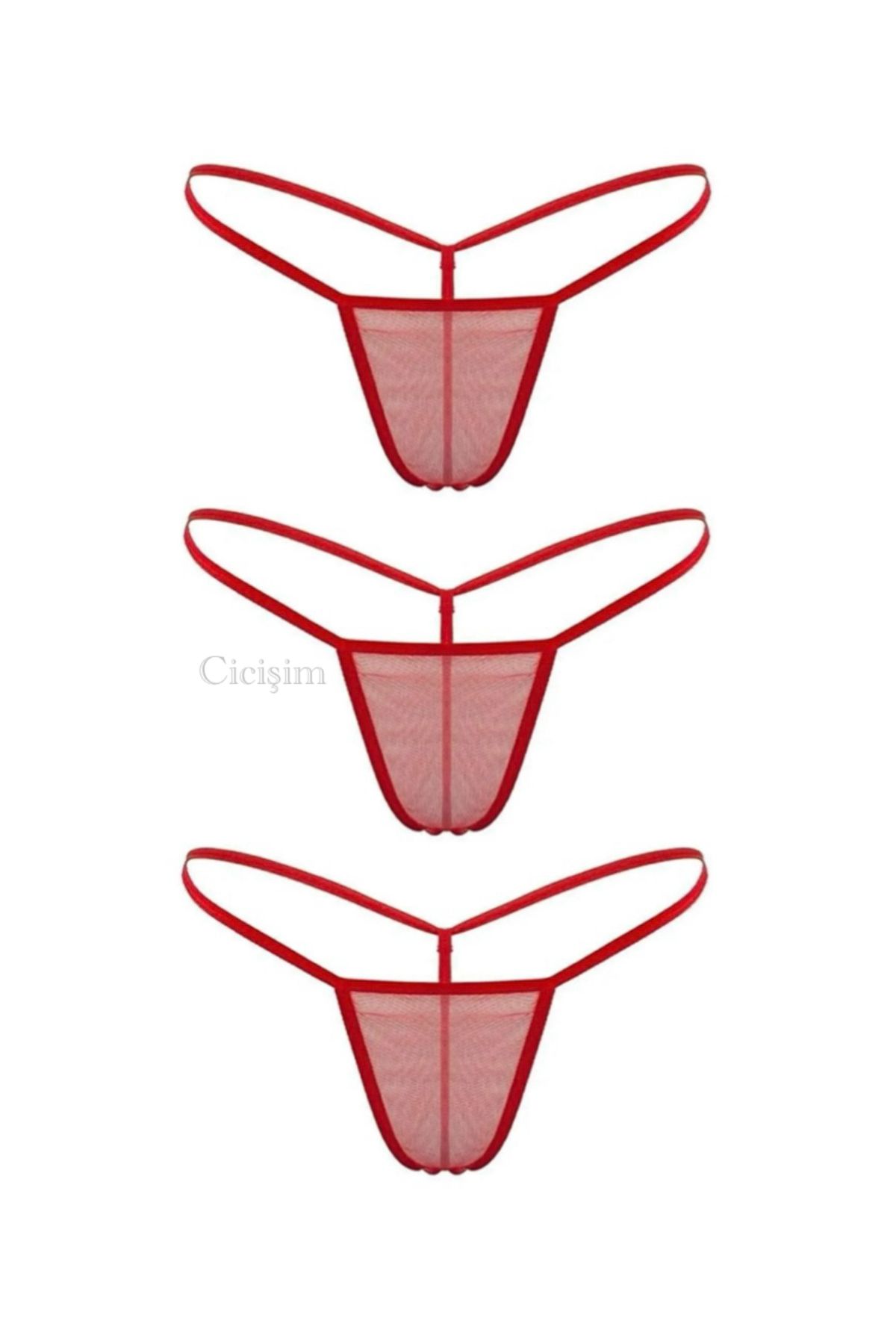 Cicişim-Red 3-Piece See-Through Plus Size Option Thong String Inner Wear 1