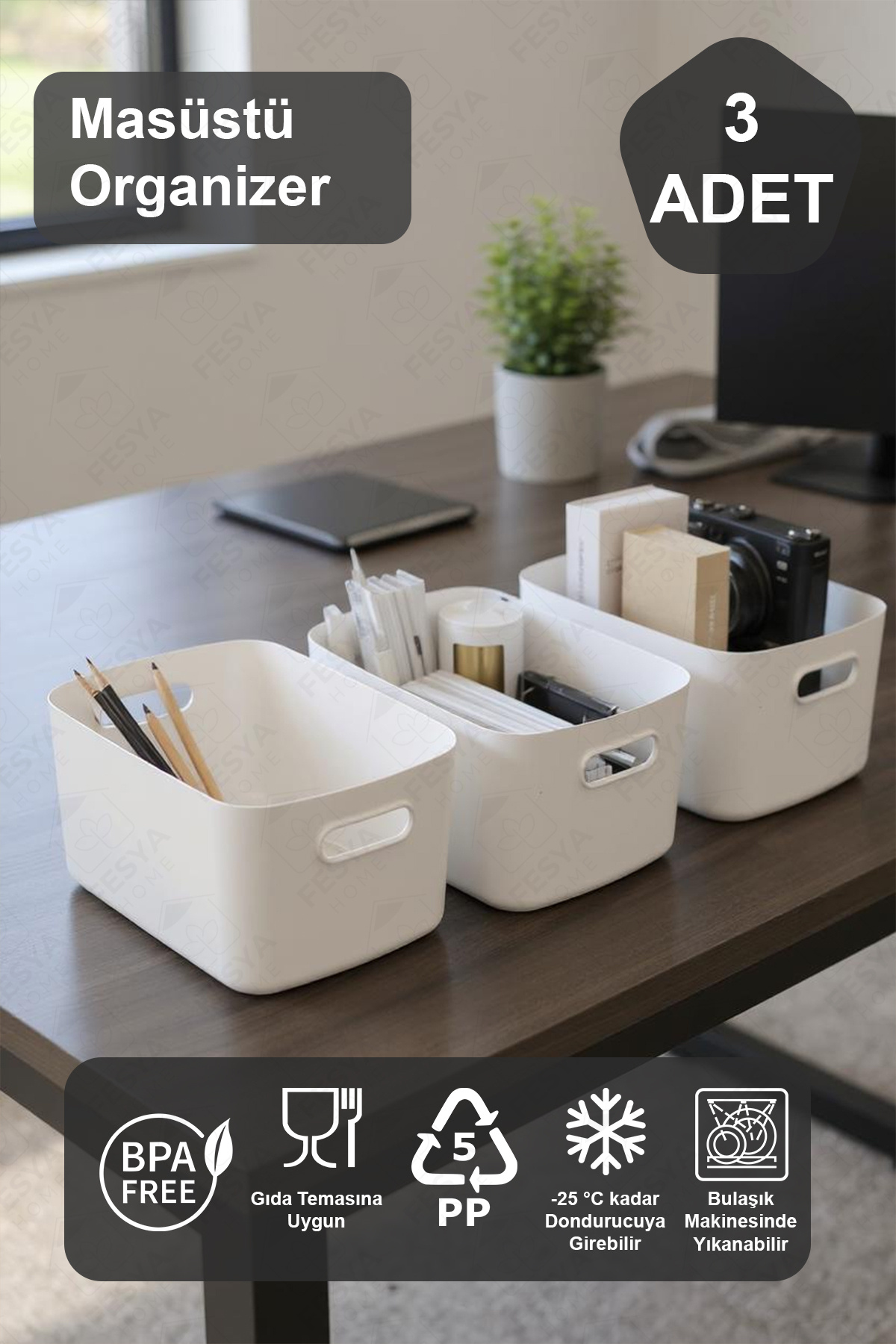 Fesya Home 3 Adet Masaüstü Düzenleyici Organizer Beyaz Renk Plastik Çok Amaçlı Düzenleyici