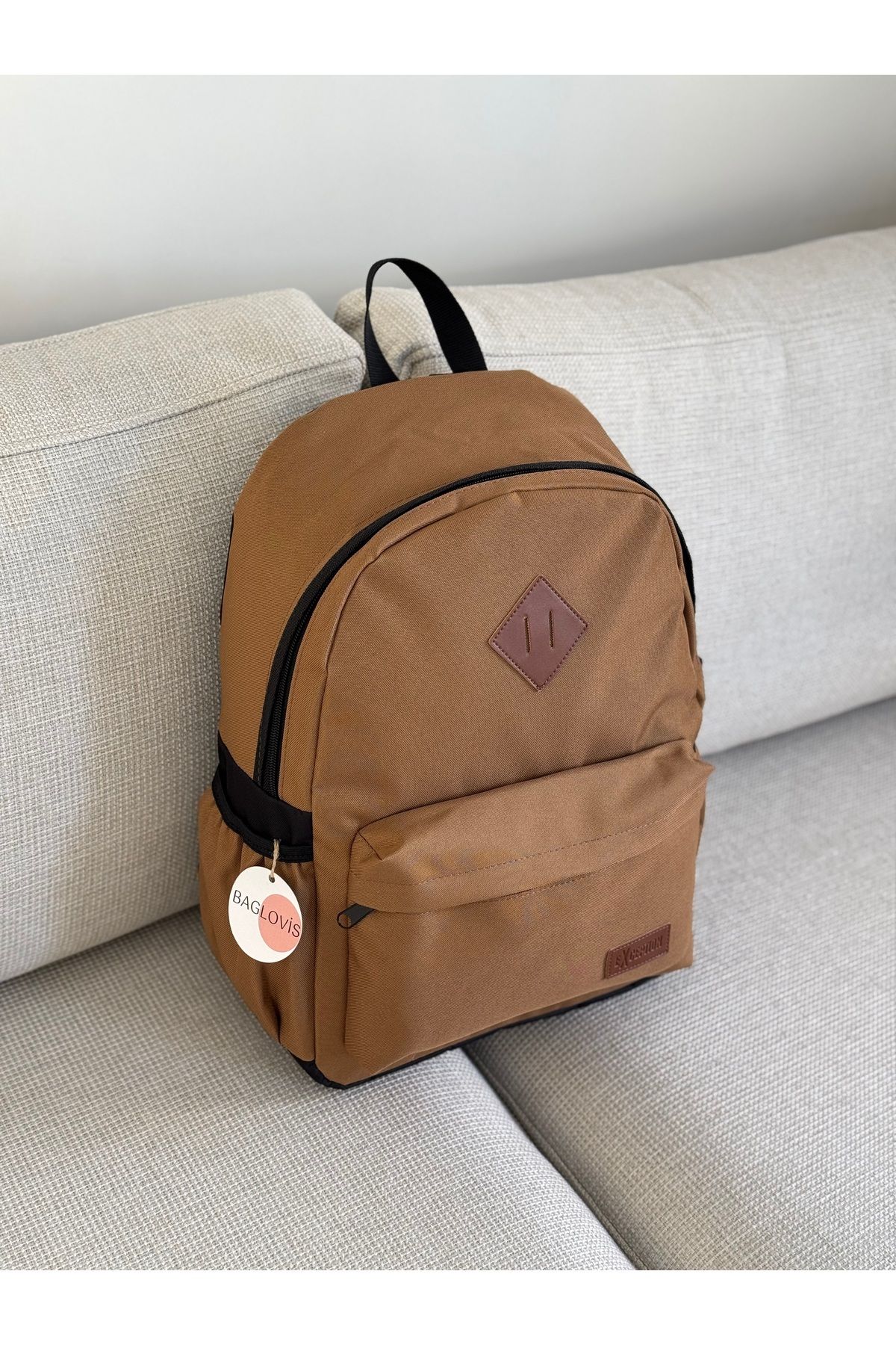 BAGLOVİS-Canvas Fabric Taba Backpack with Pockets on the Front and Sides En35 Boy46 4