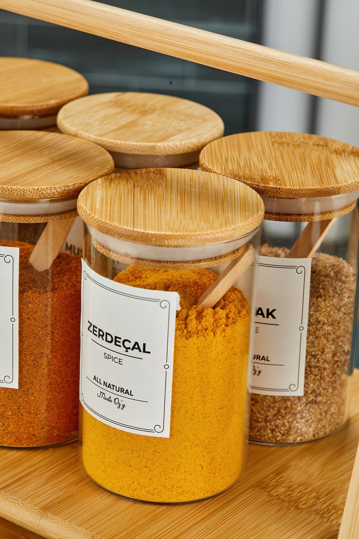 MODA OZY-Set of 12 Vacuumed Bamboo Lids and Bamboo Stands 250ml Borosilicate Glass Spice Rack Set (Including Spoon Label) 5