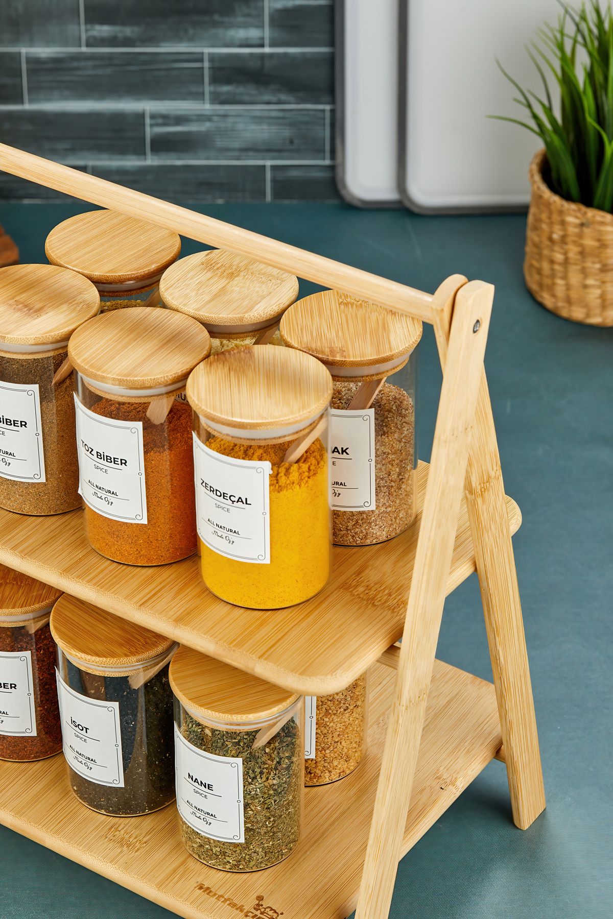 MODA OZY-Set of 12 Vacuumed Bamboo Lids and Bamboo Stands 250ml Borosilicate Glass Spice Rack Set (Including Spoon Label) 3