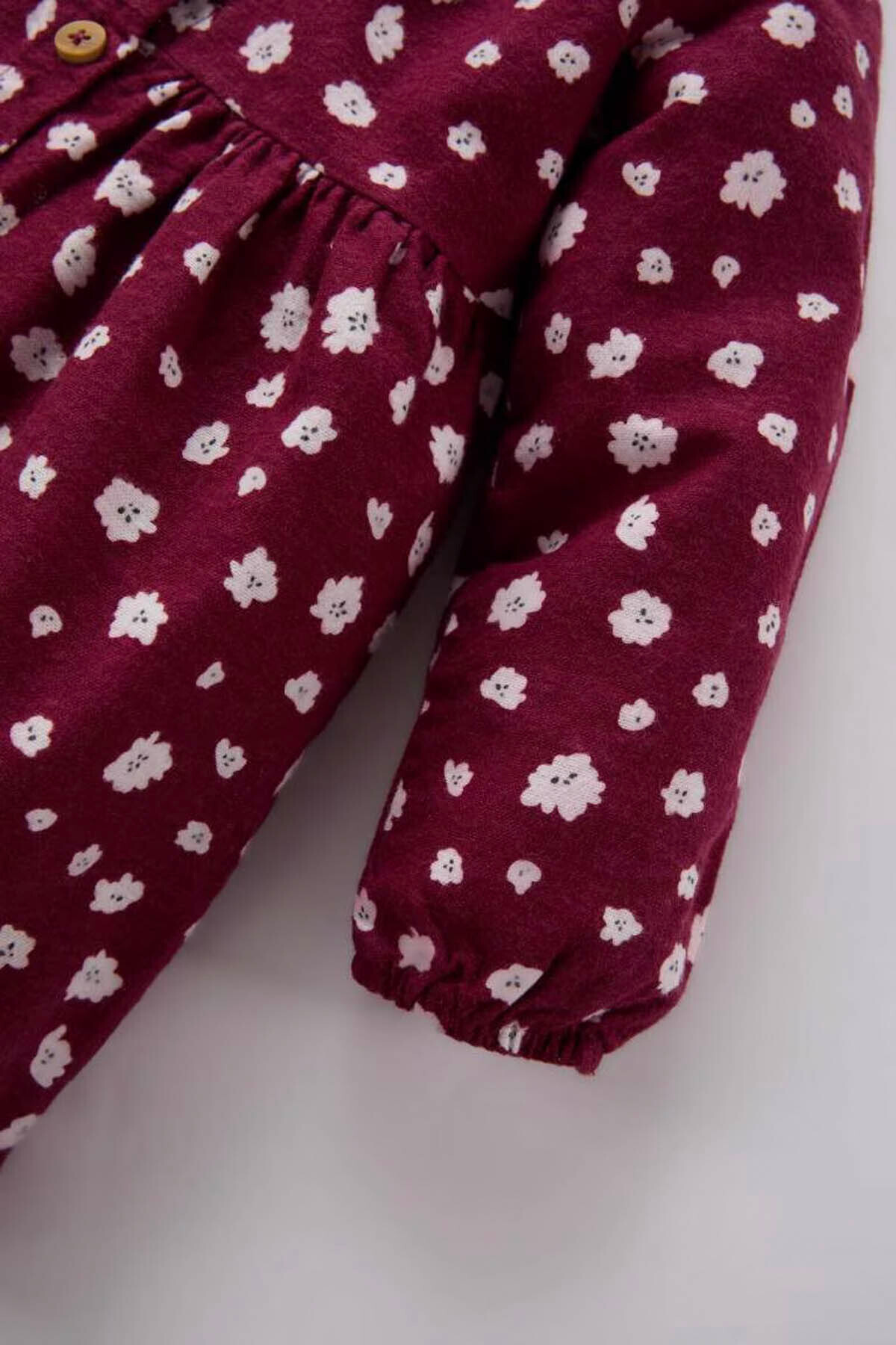 Defacto Çiçekli Uzun Kollu Pazen Bordo Kız Bebek Elbise D7428A5/BR204 fotoğrafı 3 (önizleme)