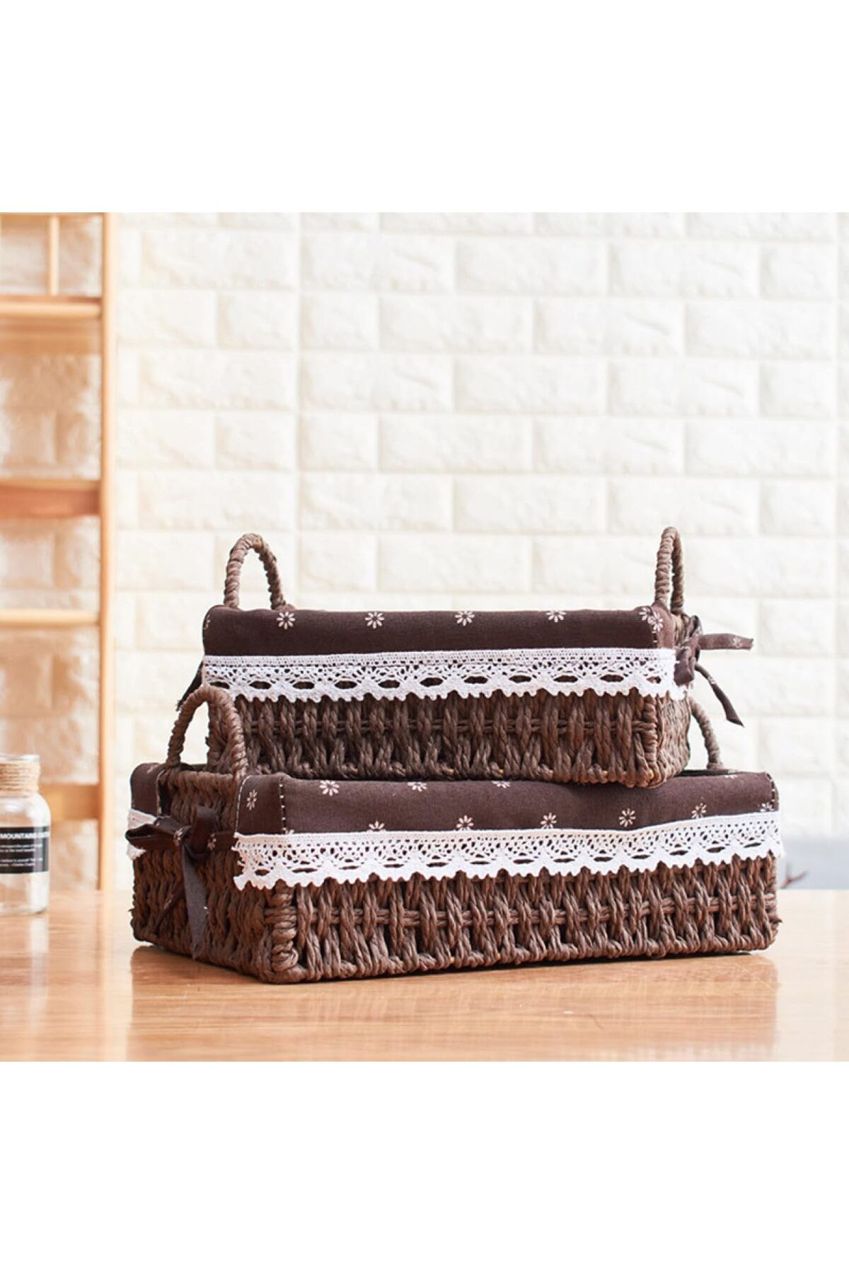 Cozy Nest-Set of 2 Handwoven Storage Baskets with Handles Rectangular Woven Bins with Removable Fabric Liners 1